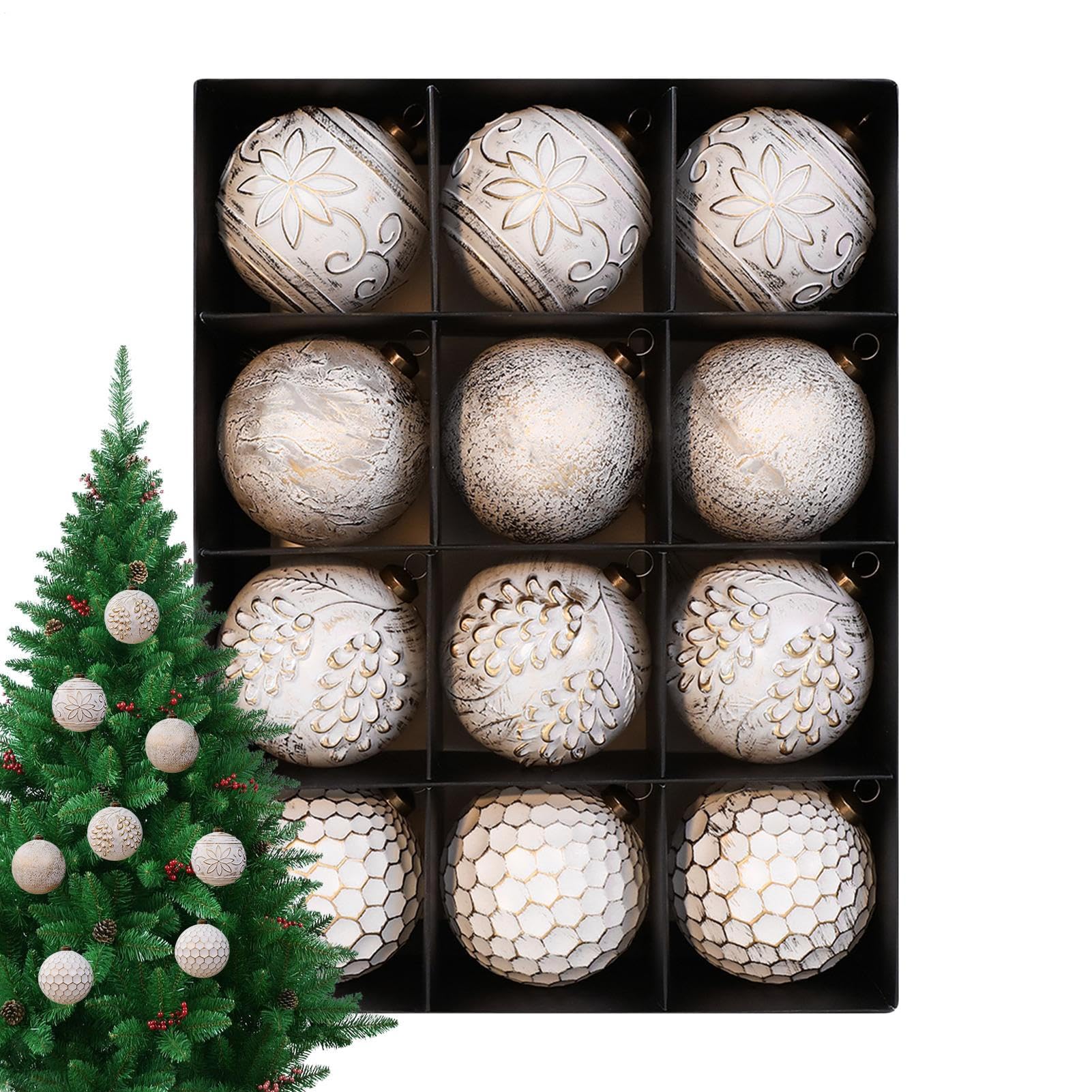 Boules de Noël raffinées blanc et or pour un mariage ou fiançailles d'hiver