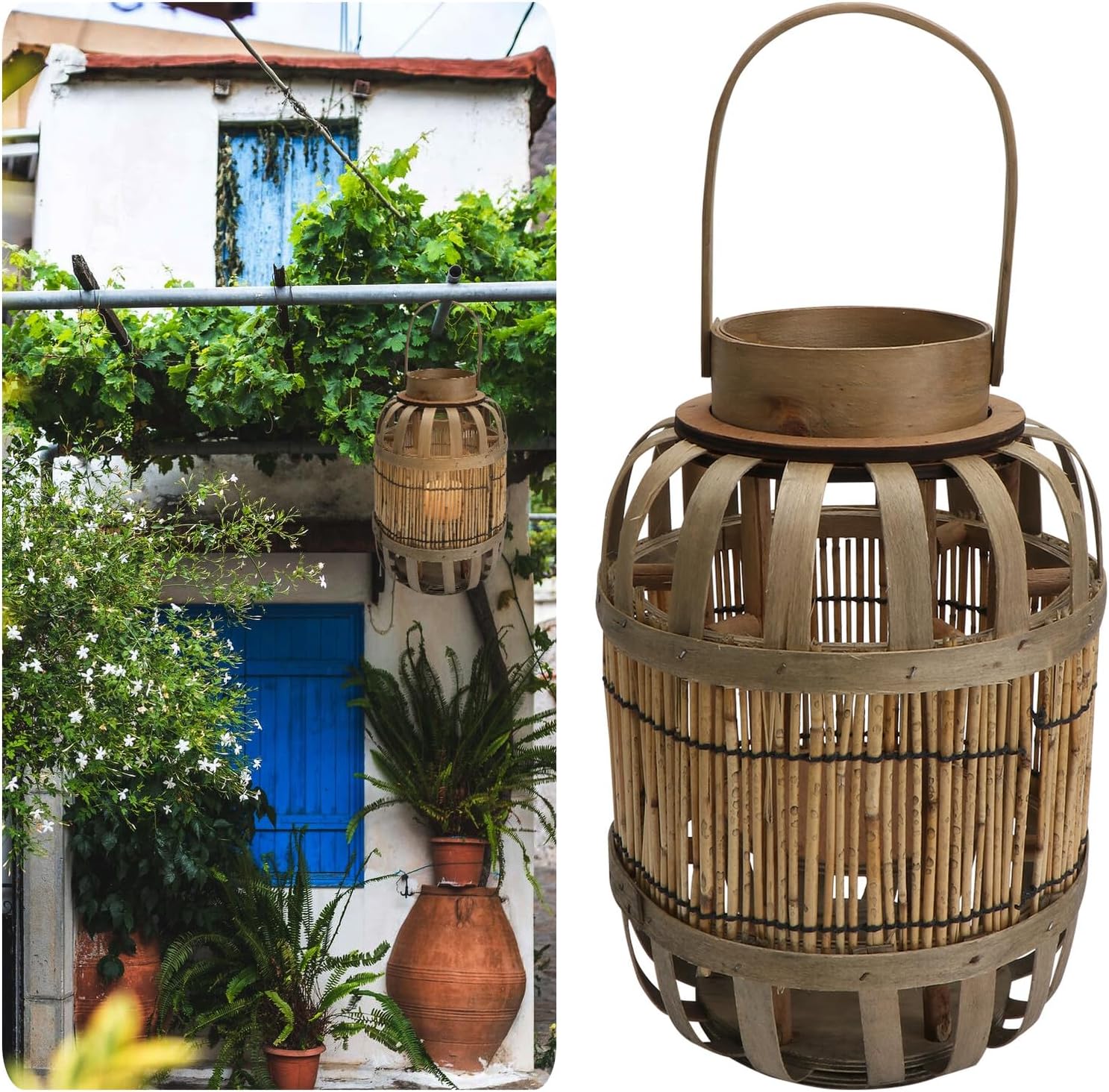 草編風灯 木製キャンドルホルダー レトロ手編みデザイン 屋内外用ホームデコレーション 素朴な農家風ランタン インテリア照明と園