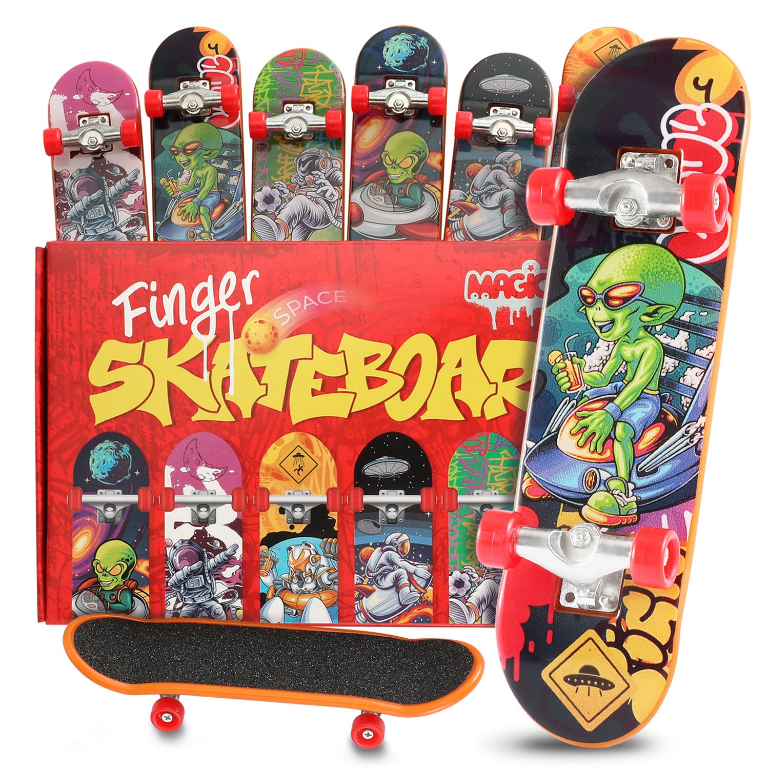 Magicat thrilling finger skateboards I 6-pack space set I 9.5 cm durable plastic I metal trucks rubber wheels I mini skateboards for kids finger I party bag fillers for boys I astronaut alien designs