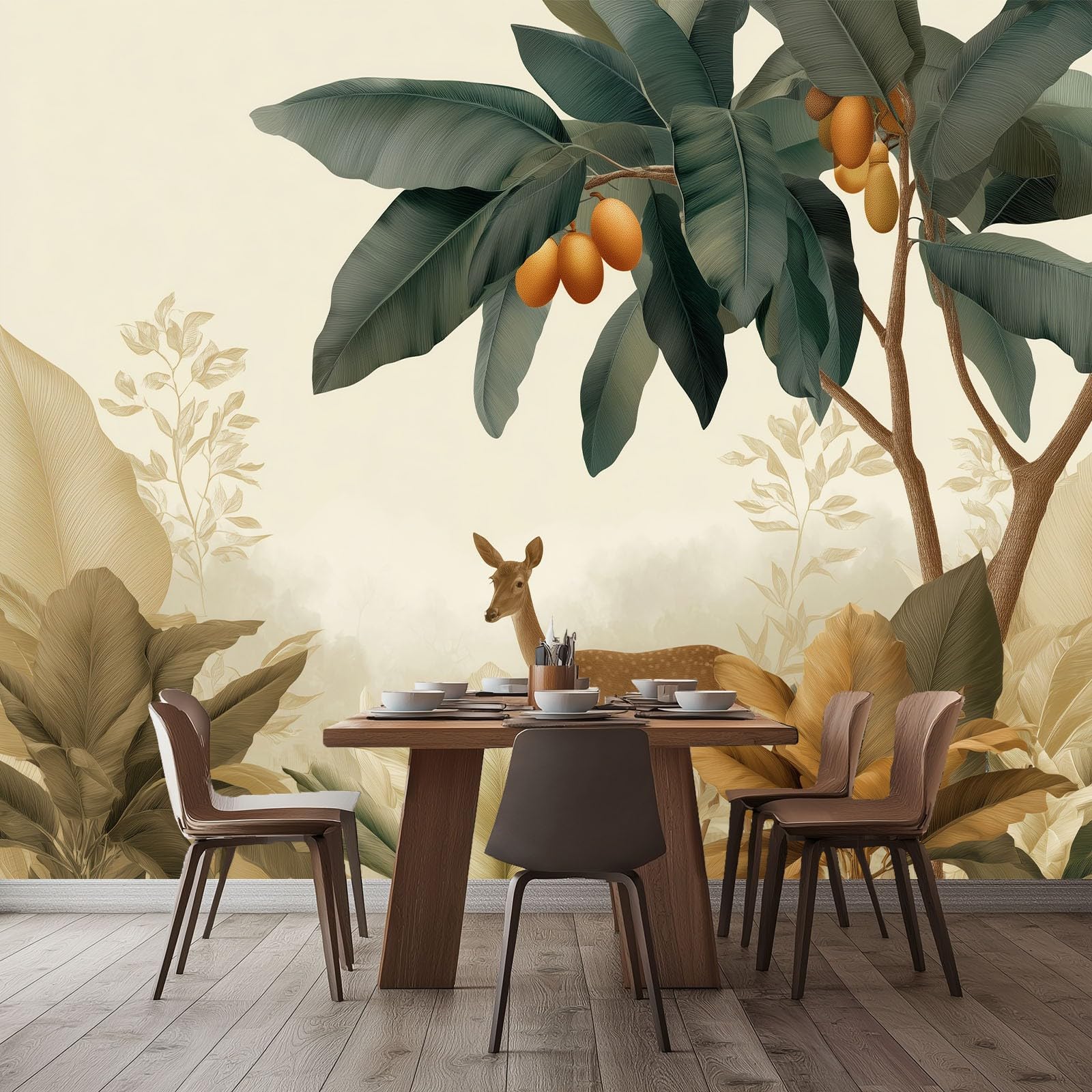 Minimalne drzewo bananowe jeleń mural tapeta 300 x 210 cm, beżowe murale ścienne do sypialni salonu dziecięcego przedszkola mural ścienny art deco - fototapeta plakat dekoracja