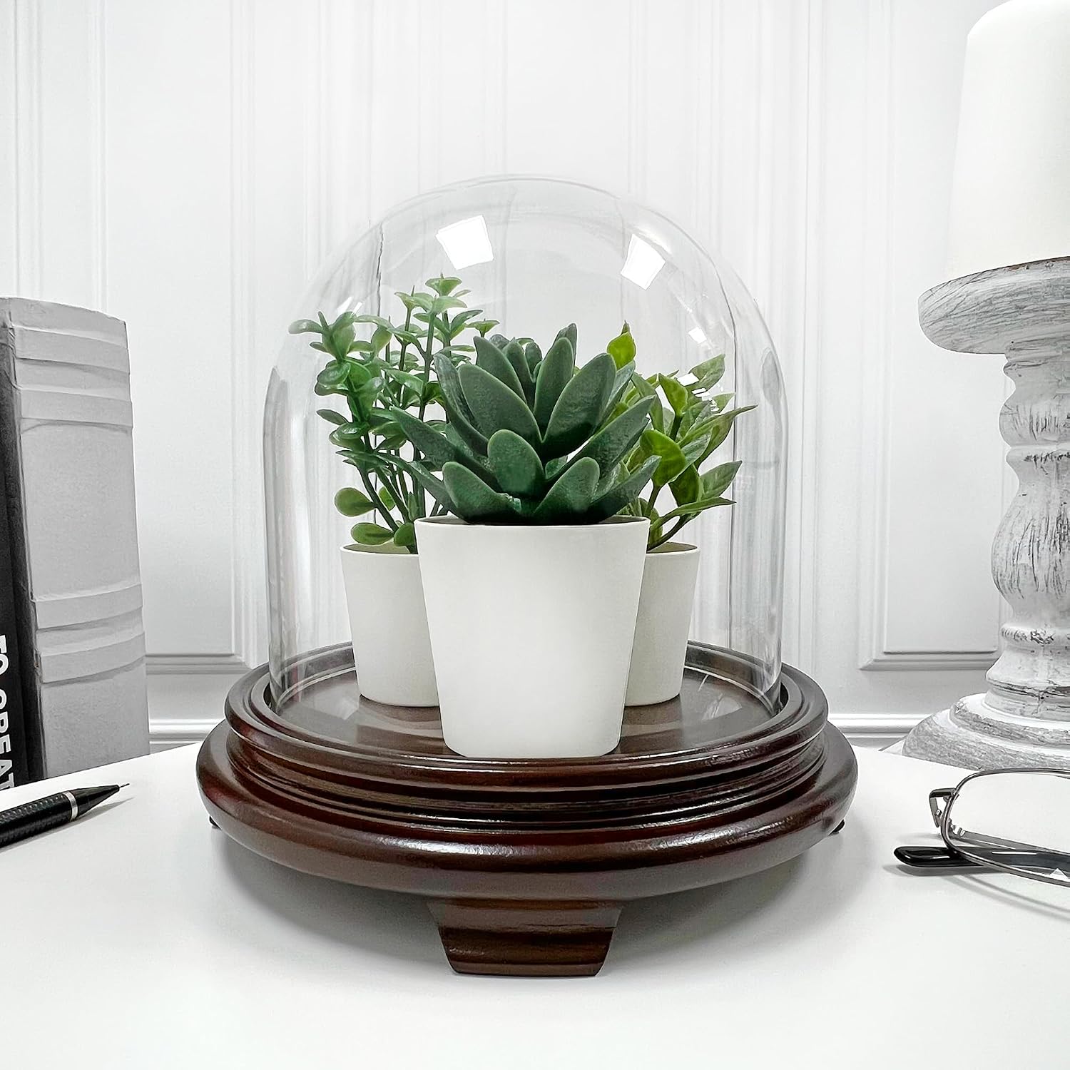 Plymor 5.5" x 5.5" Glass Display Dome Cloche (Walnut Wood Veneer Footed Base)