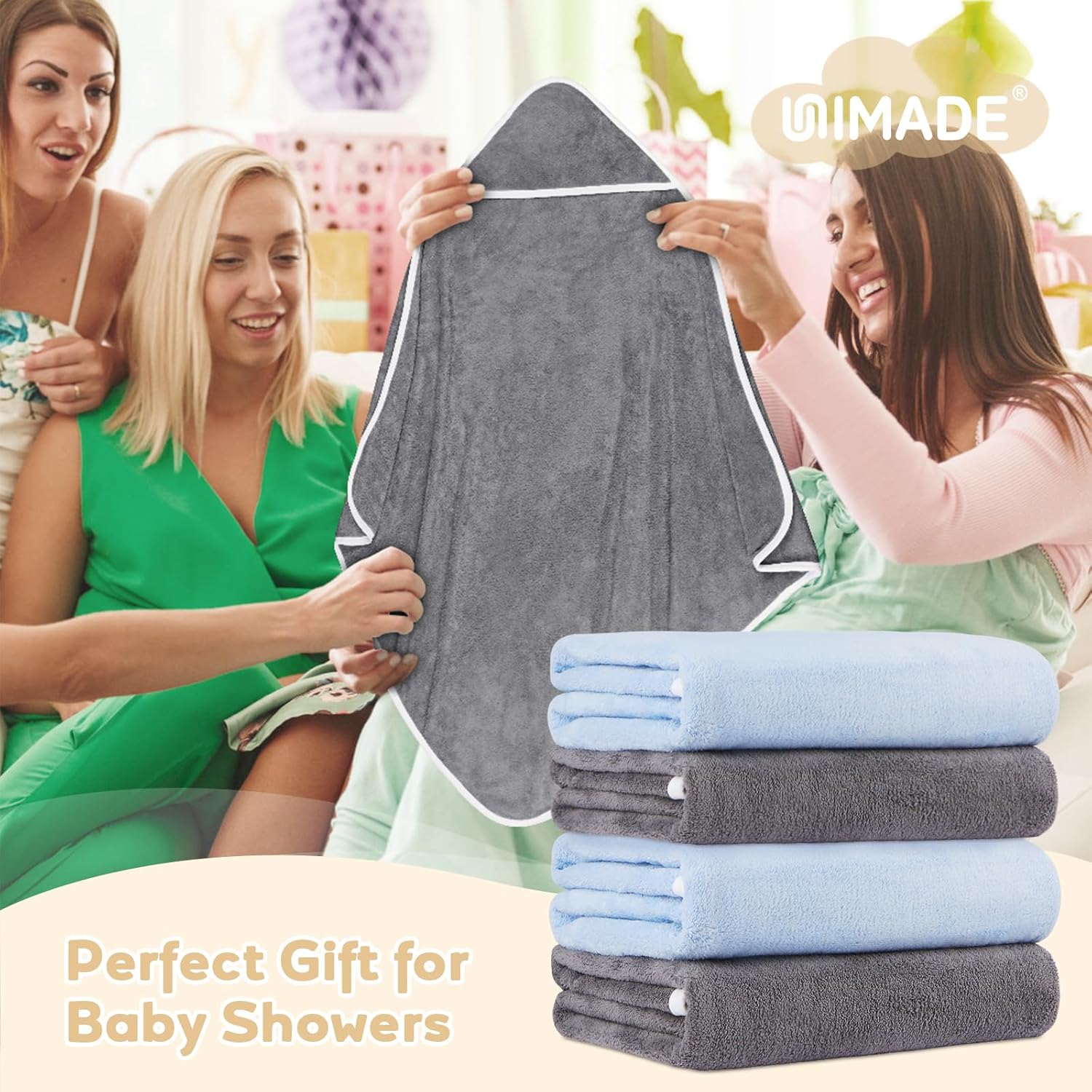 UNIMADE Hooded Towel for Newborn, 4 Pack Soft Coral Fleece Baby Towels, Ultra Absorbent Bath Cloths Bulk for Infants, Toddlers, Newborn Essential- 30 x 30 inch - Grey & Blue