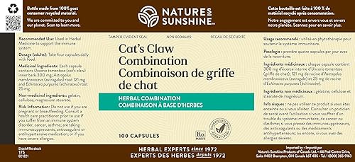 Miniatura 2 de Nature's Sunshine Una de Gato (garra de gato) 100 cápsulas | Apoya el sistema inmunológico y proporciona hierbas naturales para ayudar al tracto