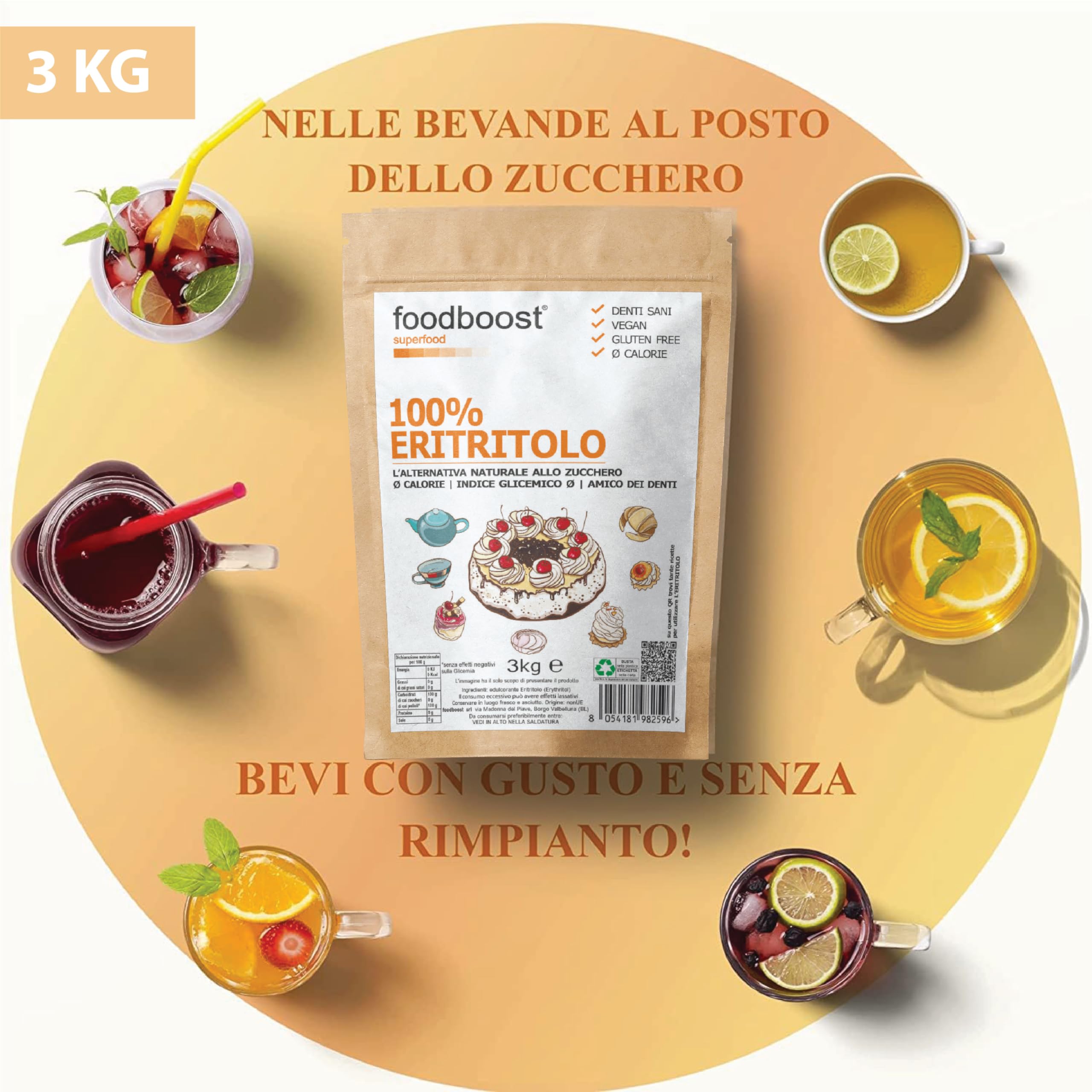Eritritolo 3Kg foodboost, sostituto dello zucchero, 0kcal - 100% Puro, stesso potere dolcificante dello zucchero da cucina, adatto per diabetici e diete ipocaloriche o bilanciate - 3kg BULK