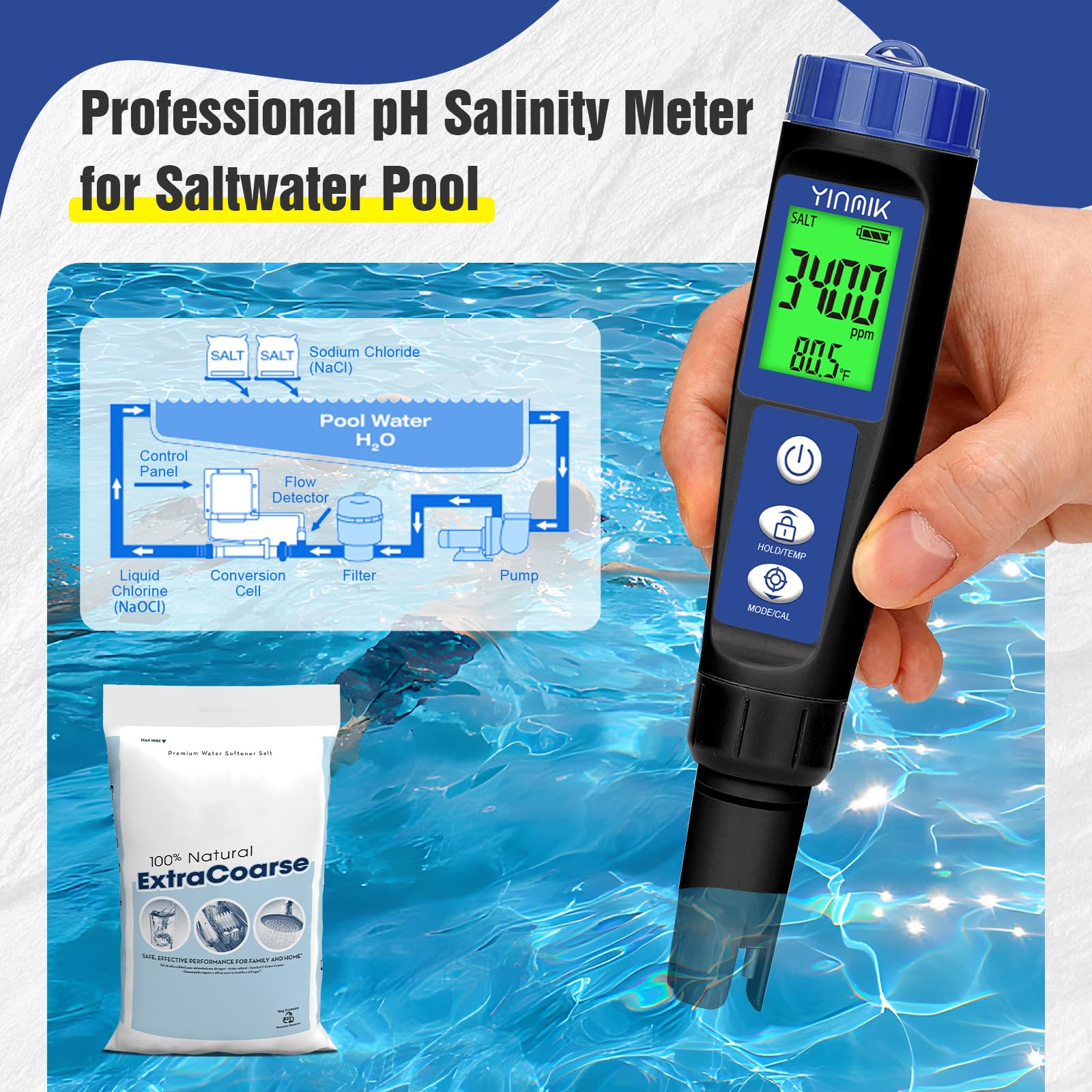 PH Salt Meter Salinity PH Tester For Saltwater Pool 6 In 1 PH Salt EC