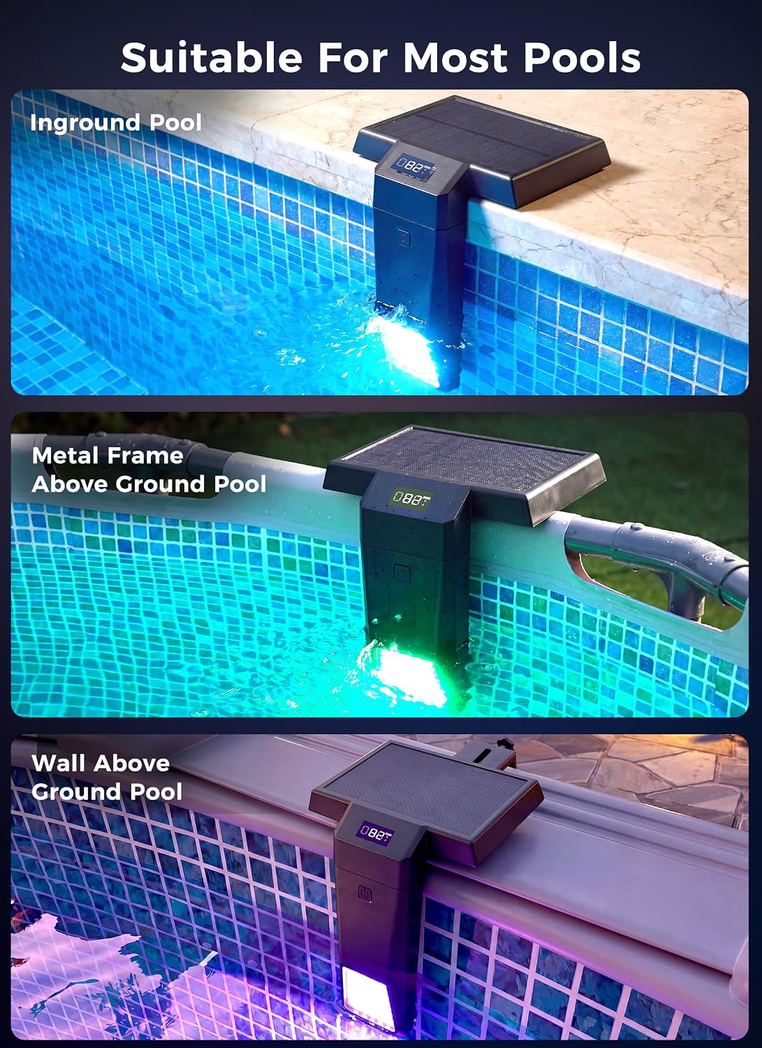 Solar Pool Lights for Inground & Above Ground Pools, Color Changing LED Underwater Pool Lights with Remote, Real-Time Temperature Display, Dimmable IP68 Waterproof Swimming Pool Lights with Timer thumbnail