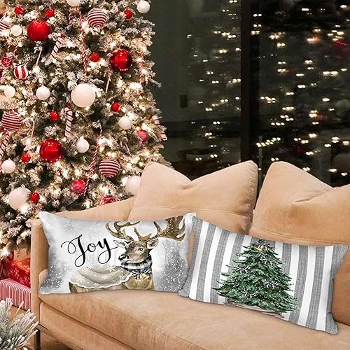 Miniatura 5 de Lanpn Juego de 4 fundas de almohada de madera de Navidad de 12 x 20 pulgadas, guantes de muñeco de nieve de Navidad, alce de eucalipto, decoración