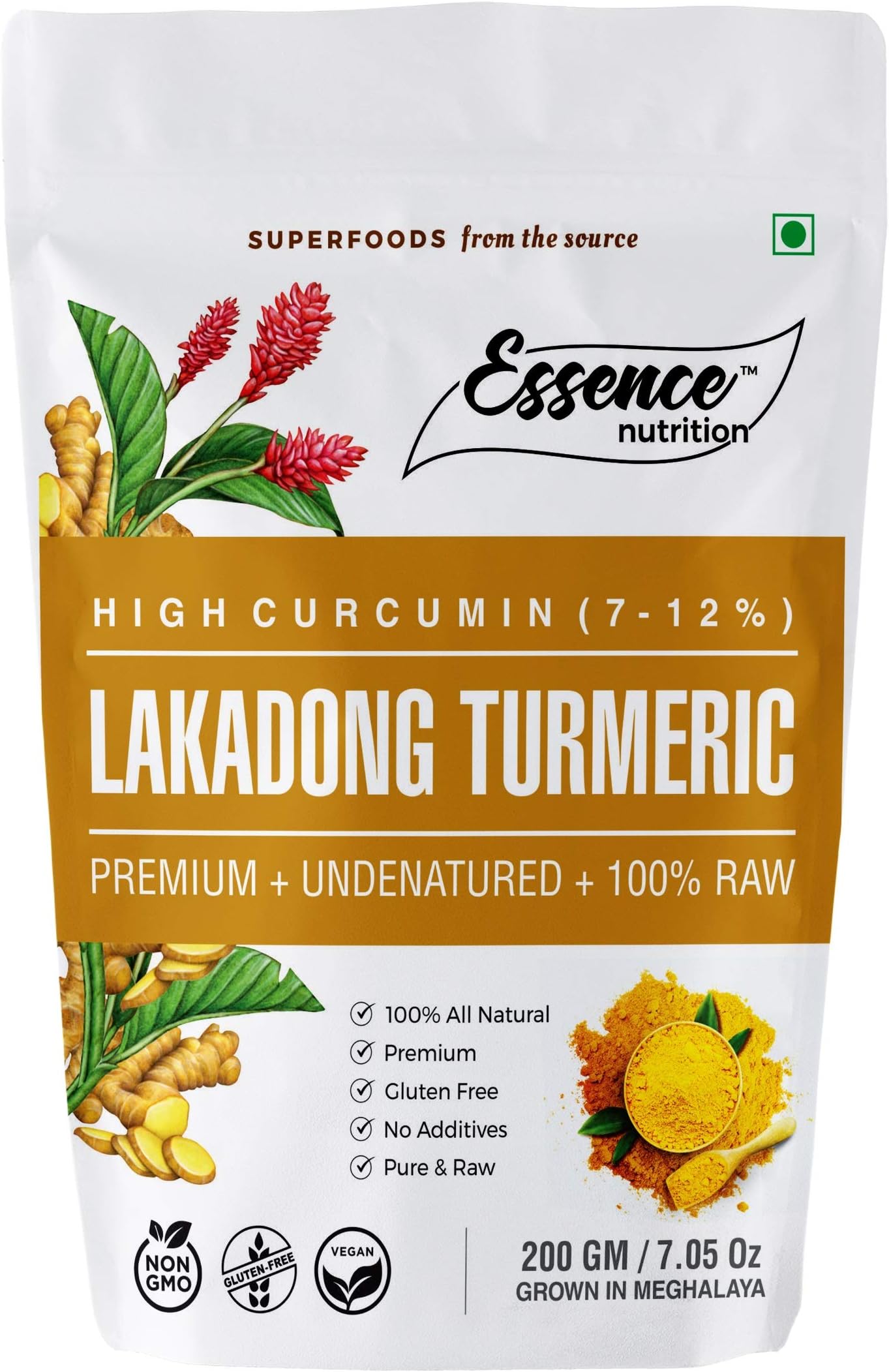 Essence Nutrition Lakadong Turmeric Powder (200 Grams) - World's Best Turmeric [Highest Curcumin, Undenatured, Raw]