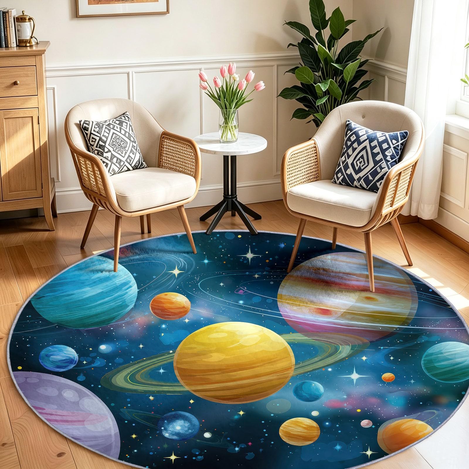 Générique Tapis Enfant Rond Chambre d'enfant Filles Garçons, Espace Dessin Anime Tapis Rond Lavable & Antidérapant pour Salon Chambre Cuisine Salle à Manger Chambre (160 cm, Galaxie Ciel Etoile)