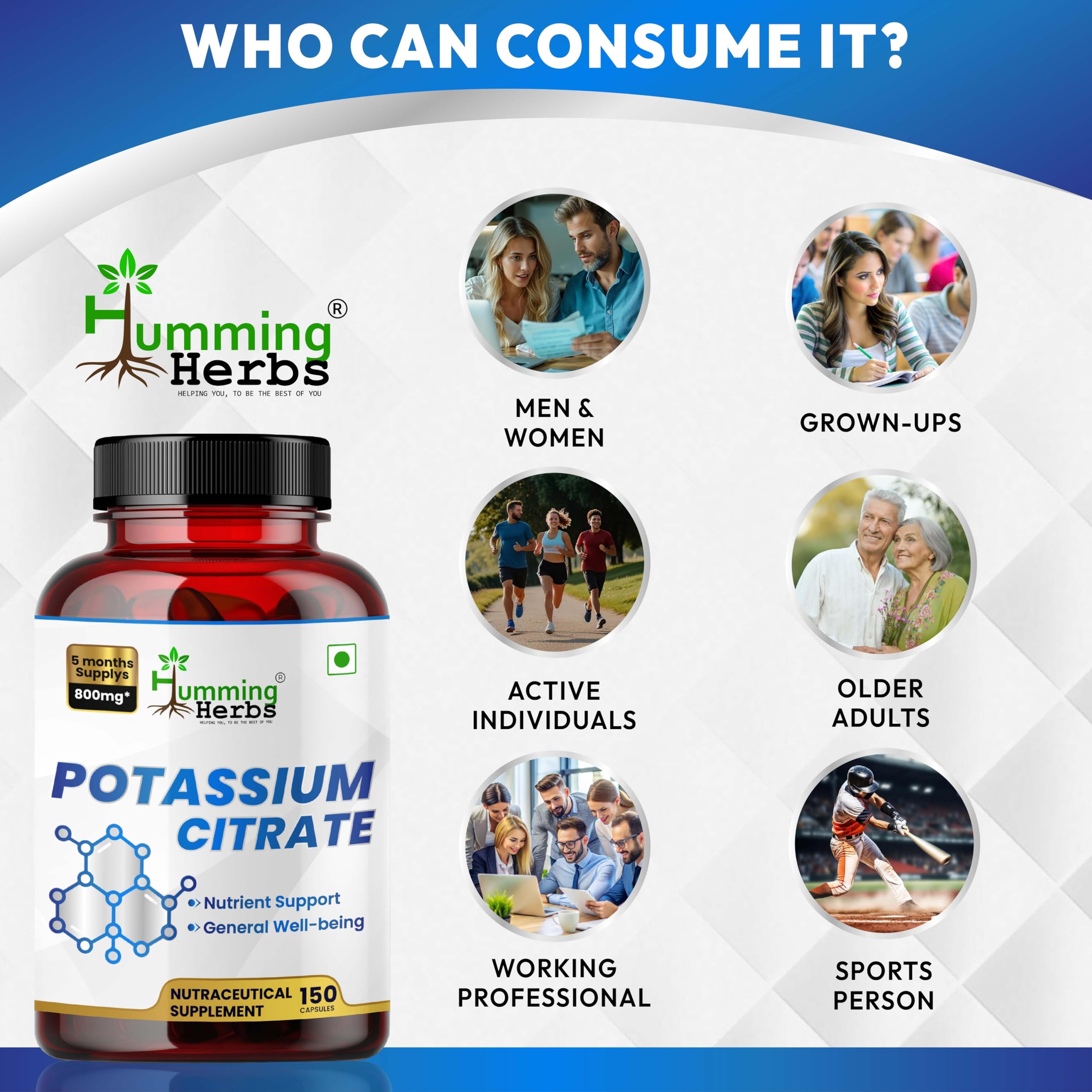 Humming Herbs Potassium Citrate 800mg | Electrolyte Balance, Muscle & Heart Support | Essential Mineral for Hydration, Nerve Function & General Well-Being | 150 Capsules, 5-Month Supply 4