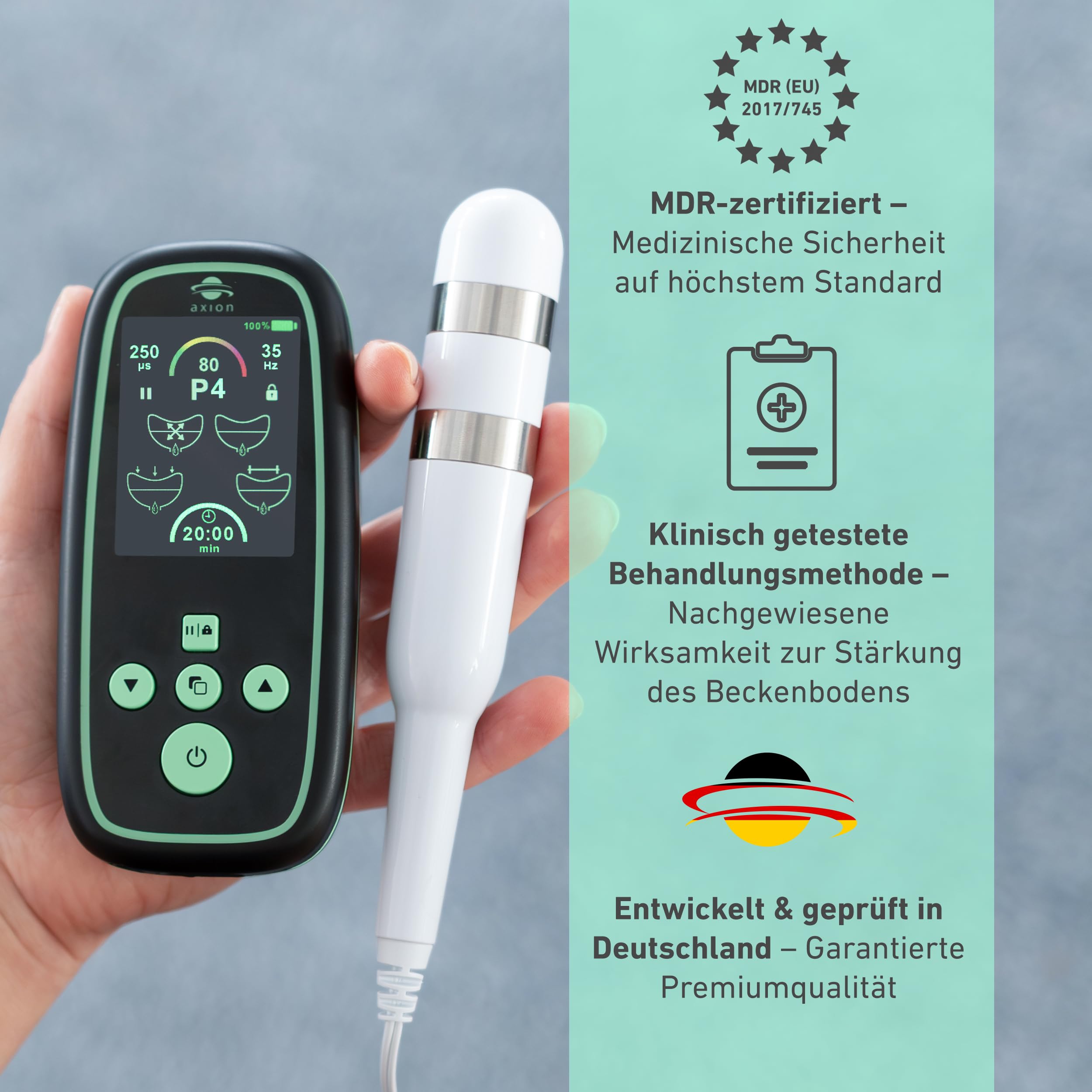 axion® Stim-Pro I-3000 Beckenbodentrainer - Frau mit Vaginalsonde gegen Inkontinenz I 4 EMS Programme, 80 Intensitätsstufen, USB-C Akku, Timer & Speicher I Zertifiziertes Medizinprodukt nach MDR | Mit Vaginalsonde gegen Inkontinenz. 4 EMS Programme, 80 In