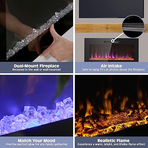 Miniatura 7 de Inserto de chimenea eléctrica LED de 50 pulgadas de diseño delgado y chimenea montada en la pared con calentador de 1500 vatios, opciones de brasa