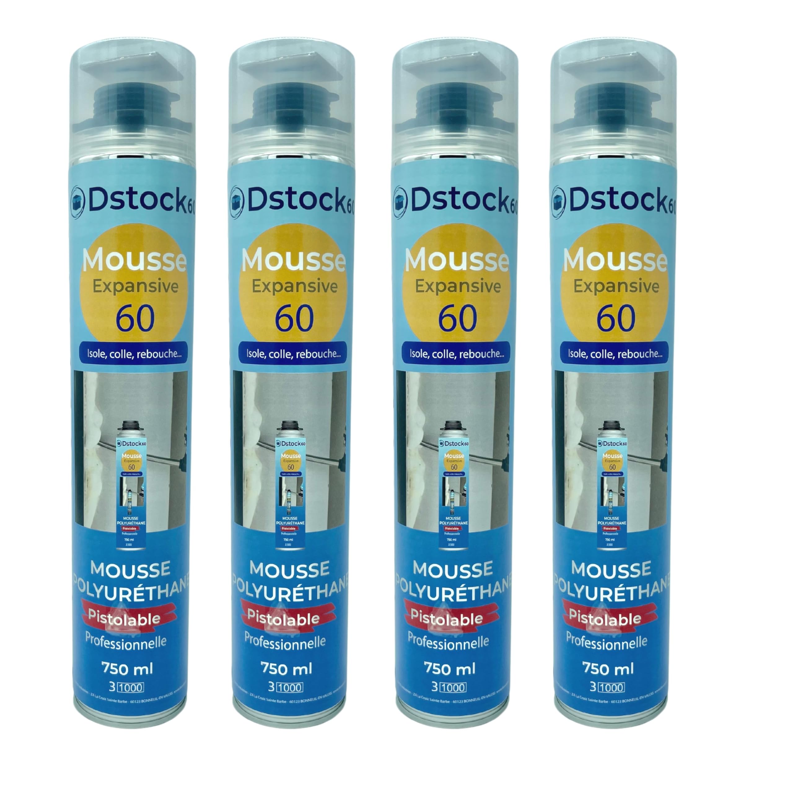 DSTOCK60 - Set mit 4 expansiven Schaum, 750 ml, Polyurethan-Schaum, manuell, isoliert, klebend und verstopft – außen und innen