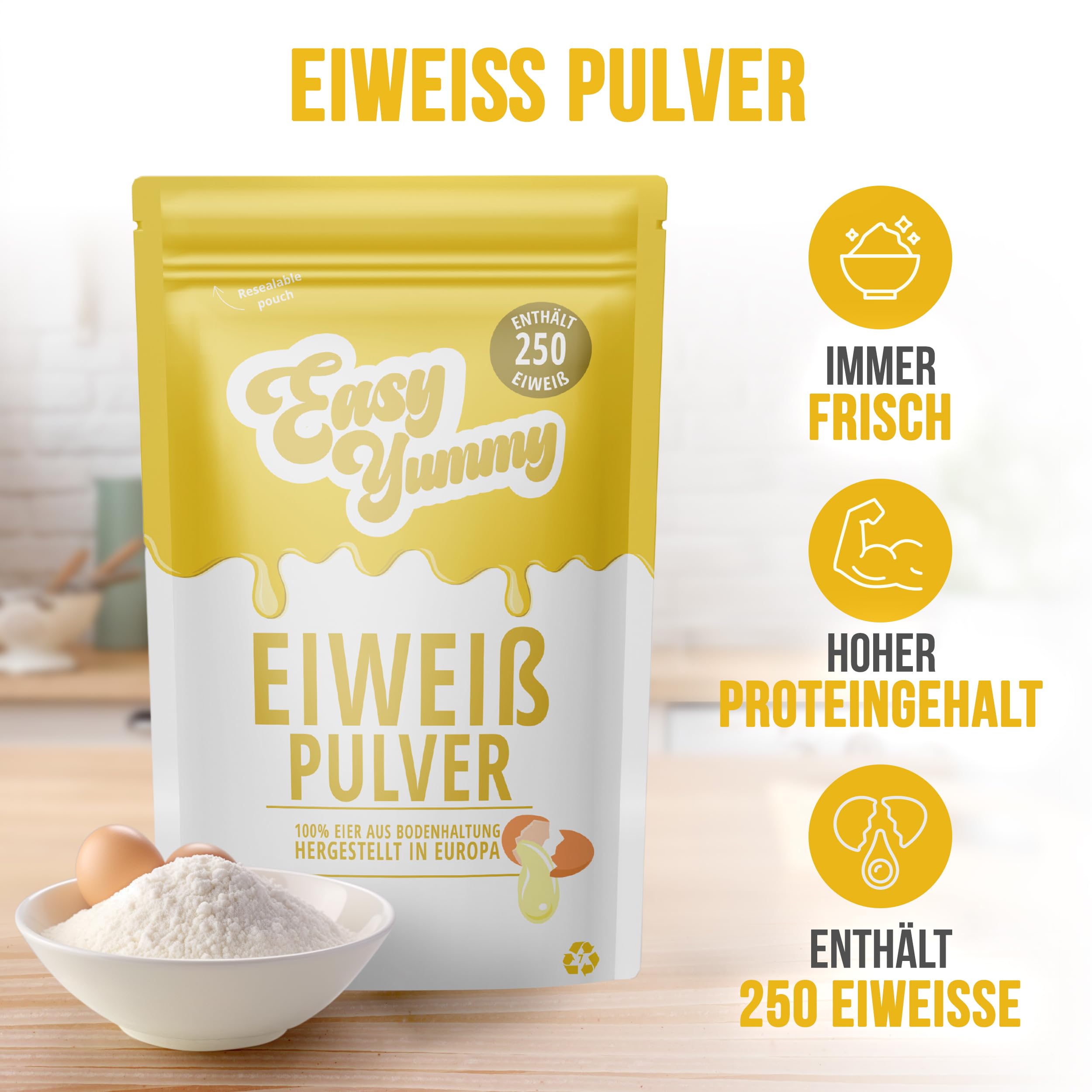 EASY YUMMY Eiklarpulver – 100% reines Eipulver zum Backen & Kochen, 1 kg Großpackung, ideal für Baiser, Pancakes, Proteinshakes & vielseitige Rezepte