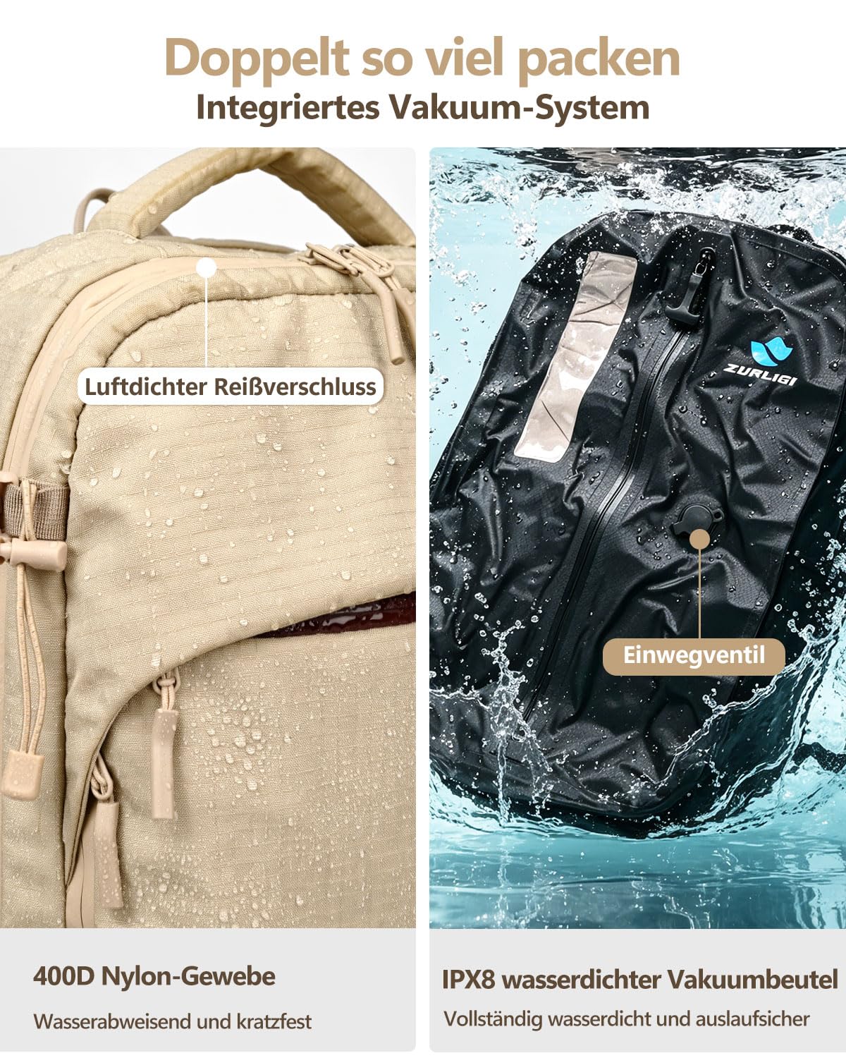 Zurligi Vakuum-Reiserucksack mit Pumpe, 40–70L, Handgepäck, Hüftgurt, Beige | Erweiterbarer Carry-on-Rucksack mit Kompression, TSA-Schloss, abnehmbarem Hüftgurt und wasserabweisendem Design für Reisen