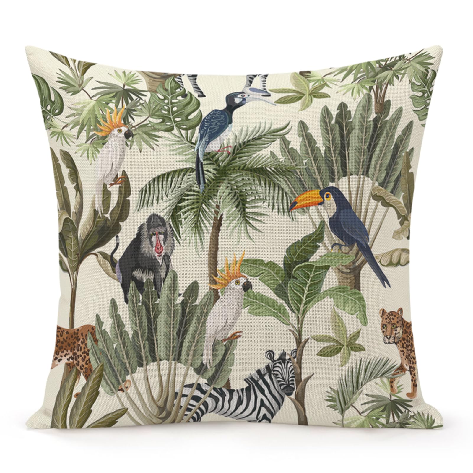 Jiaopenyou Throw Pillow Cover 18x18 Inch,Tropic Exotic Trees and Animals Throw Pillow Case,Home Decor Cushion Covers for Sofa Living Room Couch Bed