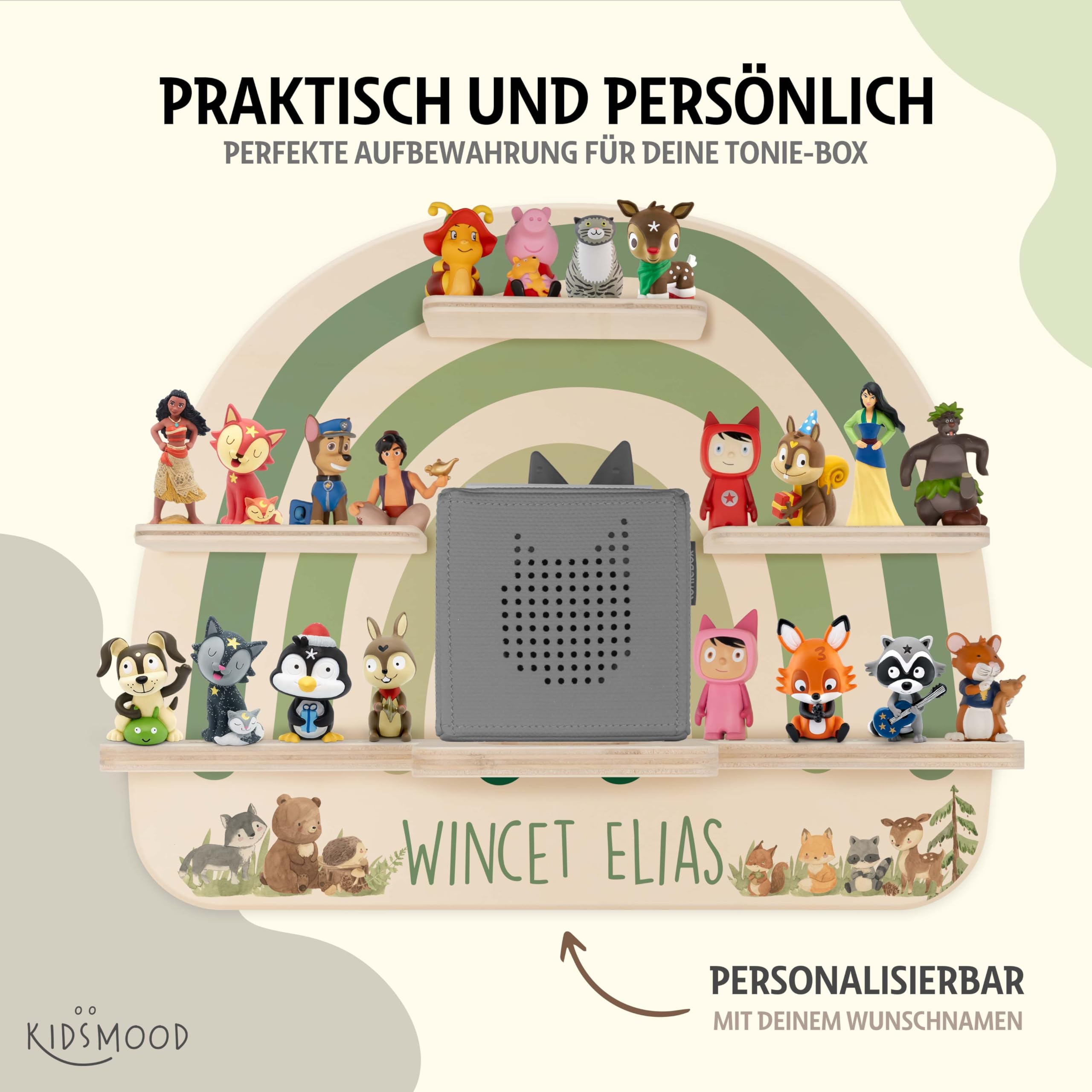 Kidsmood - Tonie Regal personalisiert mit Namen | Kinderzimmer Wandregal inkl. Metallplättchen für Tonie Figuren & Aussparung für Musikbox | Tonieregal für Mädchen & Jungen