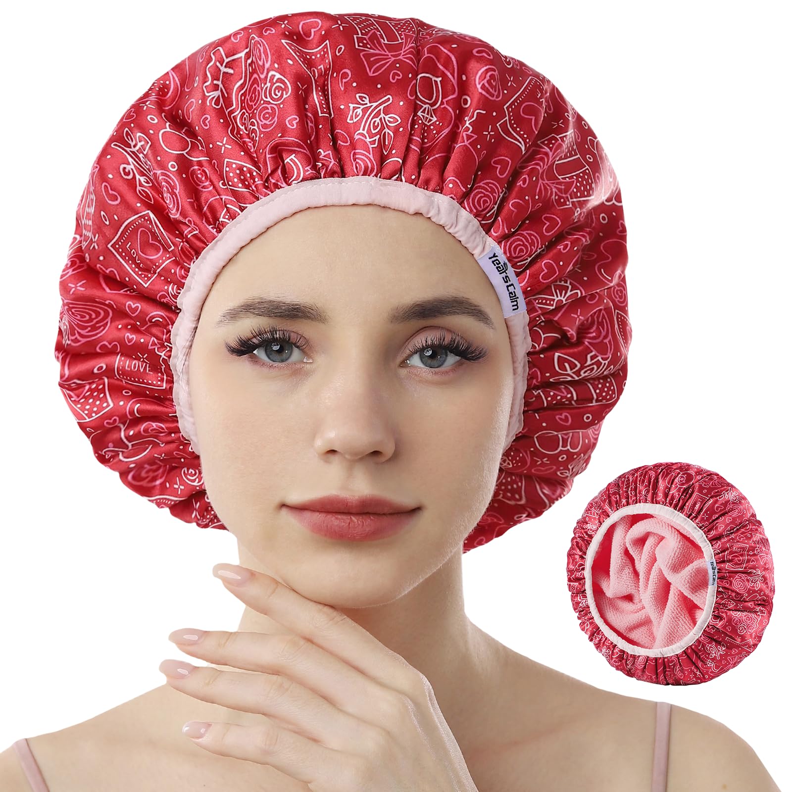Years calm Terry Lined Shower Cap, Triple Layer Heart Motifs,Waterproof Reusable Elastic,Hair Shower Cap for Women,Terry Cloth Shower Caps for Spa,