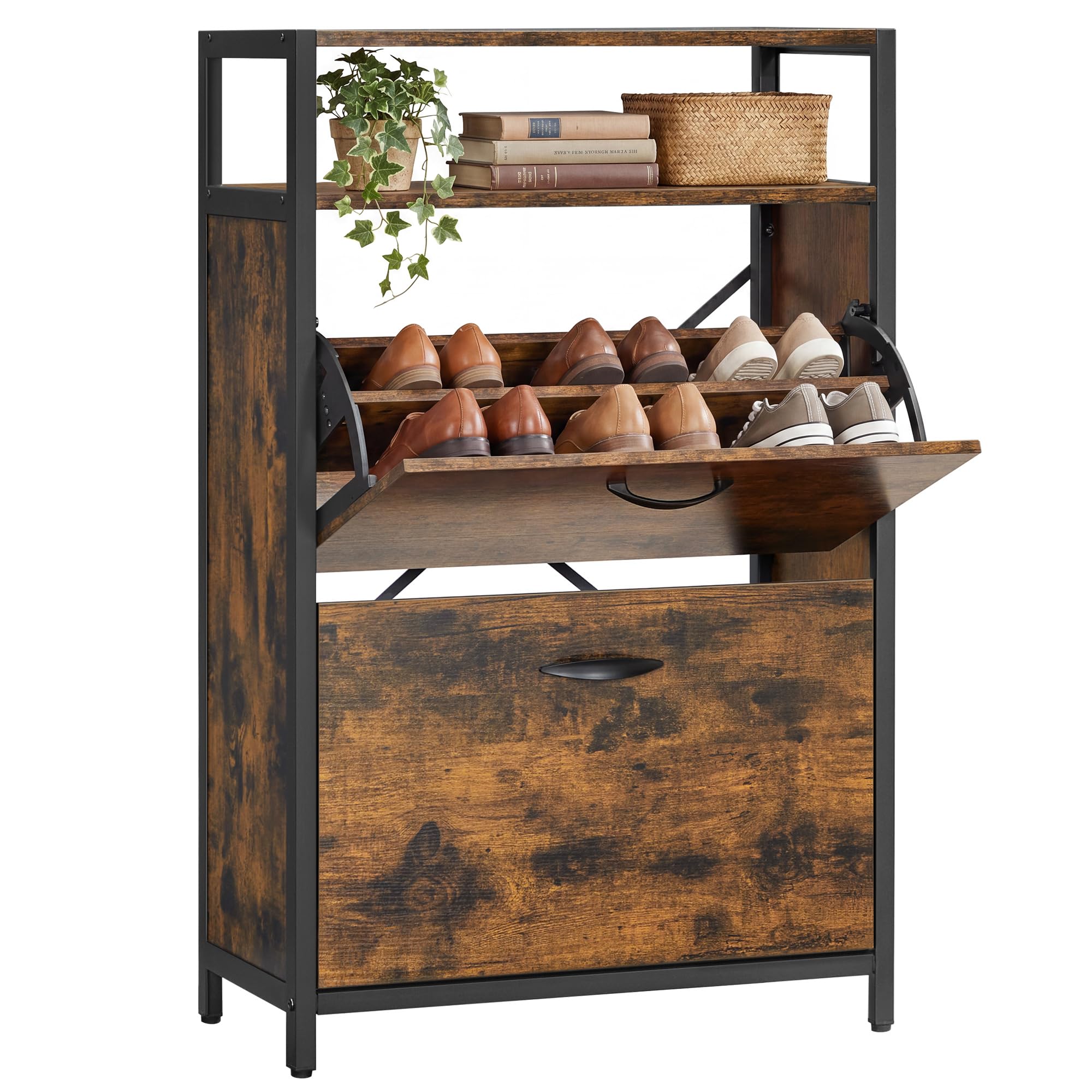 VASAGLE Shoe Cabinet with 2 Flip Doors, Hallway Shoe Storage Rack with Open Compartment, Internal Dividers, for 8-12 Pairs of Shoes, 60 x 30 x 95 cm, Rustic Brown and Black LBS800B01