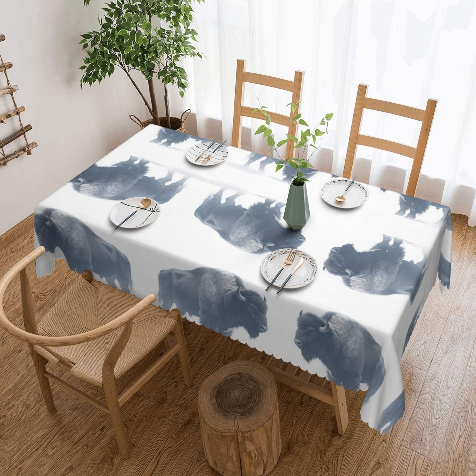 CNTDBU Winter Bison Snow Scalloped Edge Tablecloth 54x72-Waterproof Stain Resistant Wrinkle Free Cover, Square Table Cloth for Dining Party