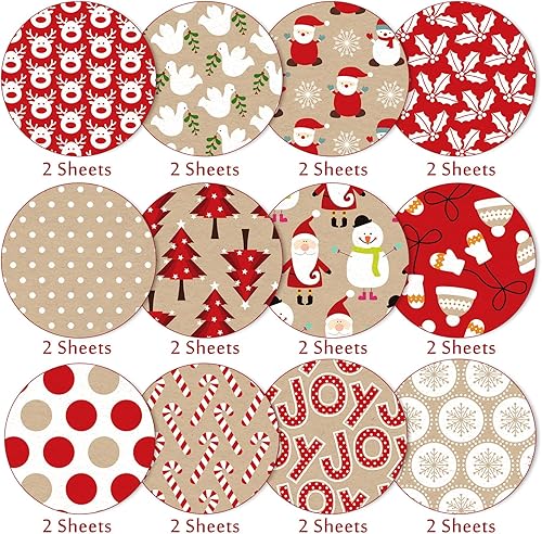 Miniatura 3 de Whaline Paquete de 24 papel de patrón navideño de 11.8 x 11.8 in, papel kraft rojo de doble cara, lindo Papá Noel, reno, muñeco de nieve, papel de