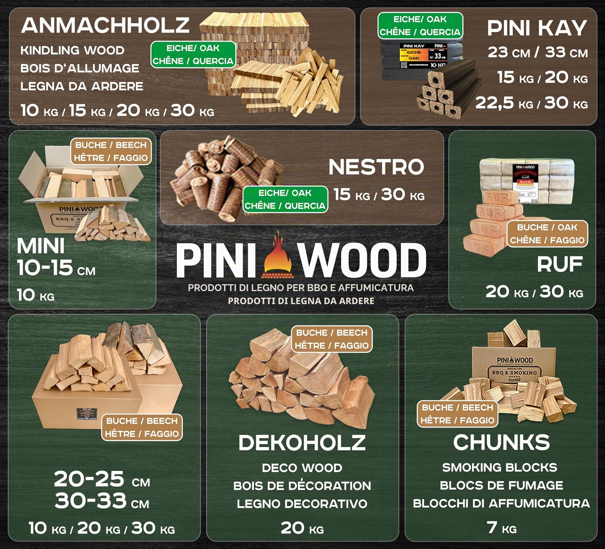 PINI Legna da ardere pronta al forno, in faggio, 30 kg, ca. 30 – 33 cm, per camino, barbecue, braciere, forno per pizza affumicatore