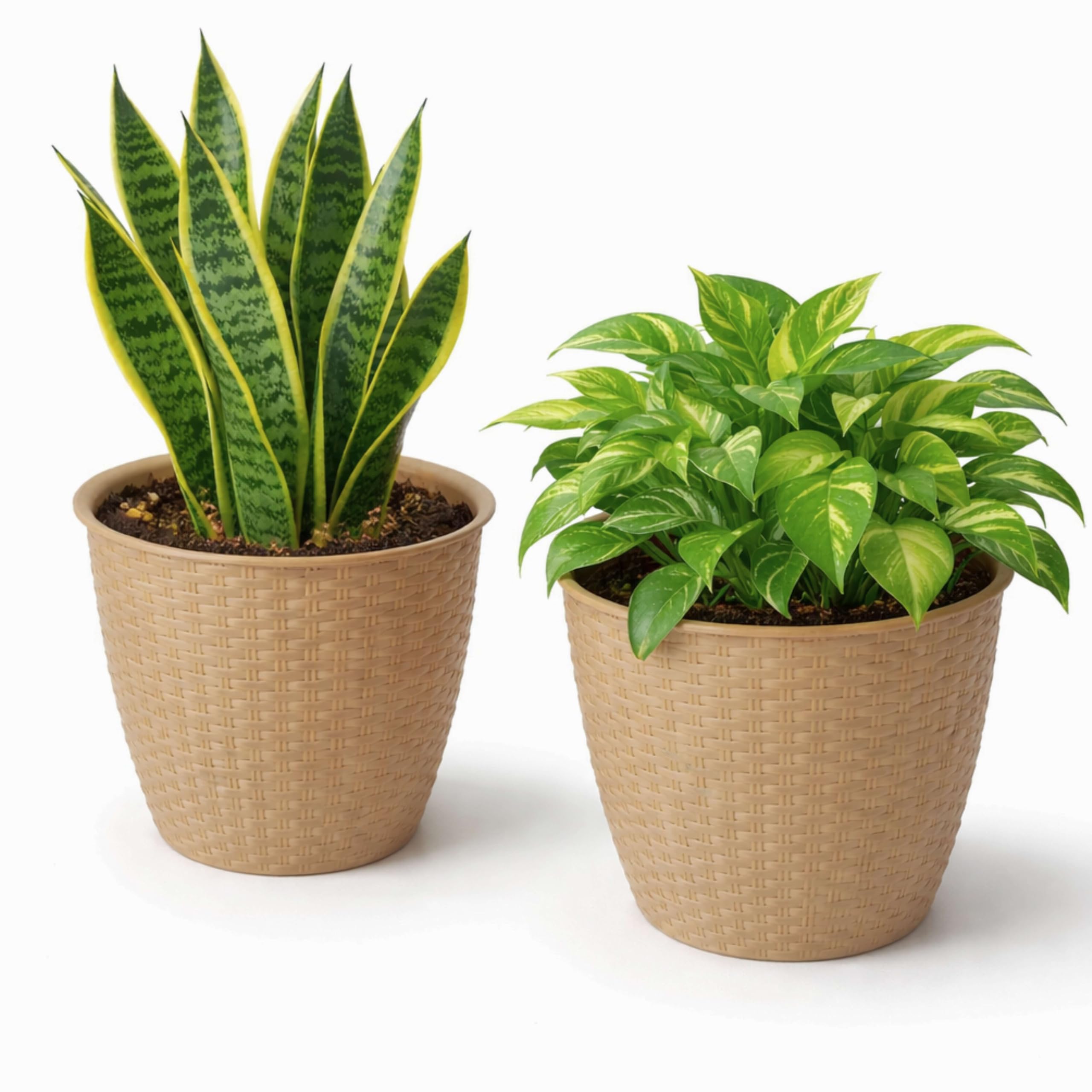 Adeptna Beige Pack Of 2 Rattan Plant Pots Plastic Wicker Style Planters With Drainage Holes Lightweight Durable Flower Plant Pots For Indoor Outdoor Garden Patio Balcony Home Décor (Beige)