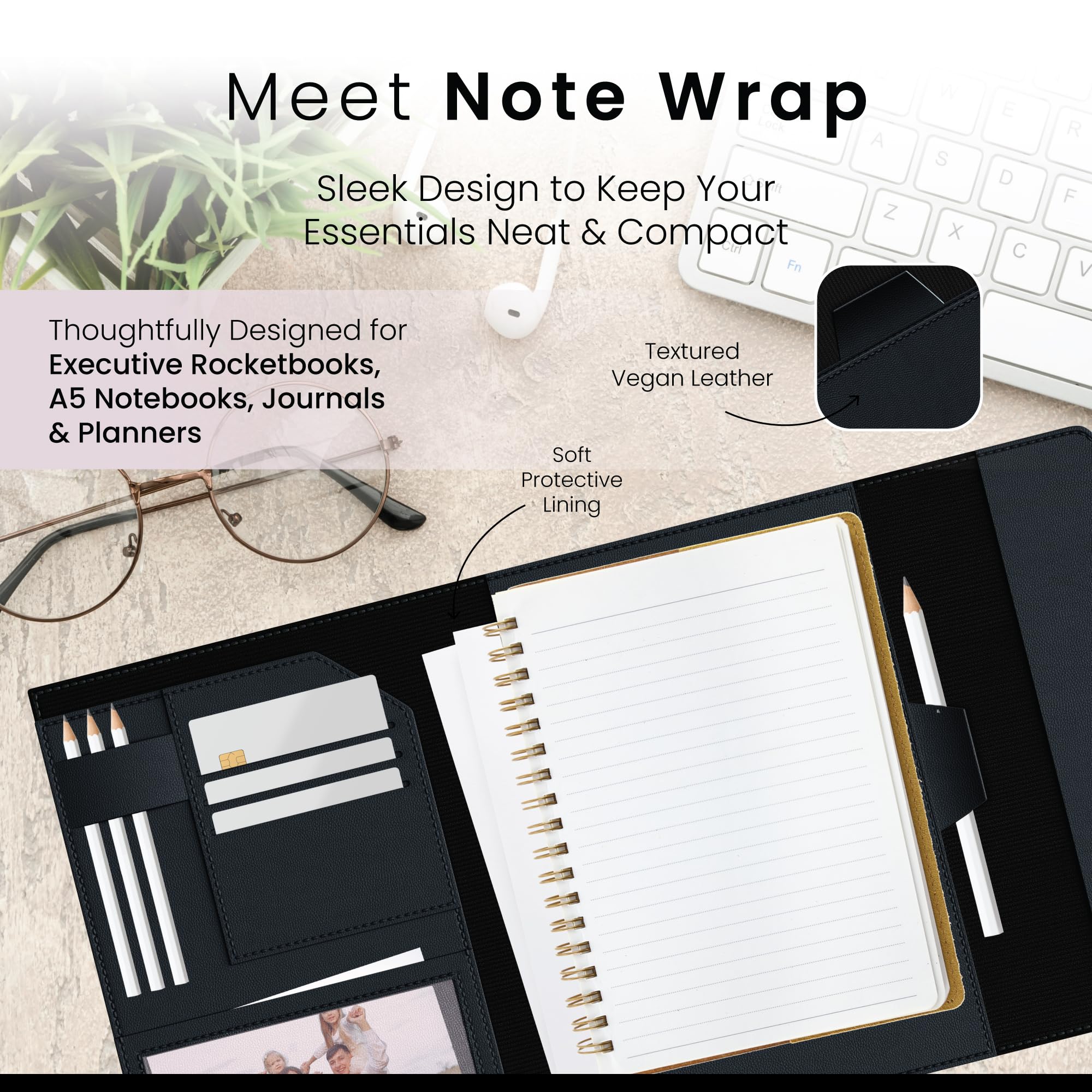 A5 Notebook Cover for Rocketbook Planner & Journal, Slim Vegan Leather Folio with Pen Loop, Card Slots & Pockets - Image 2