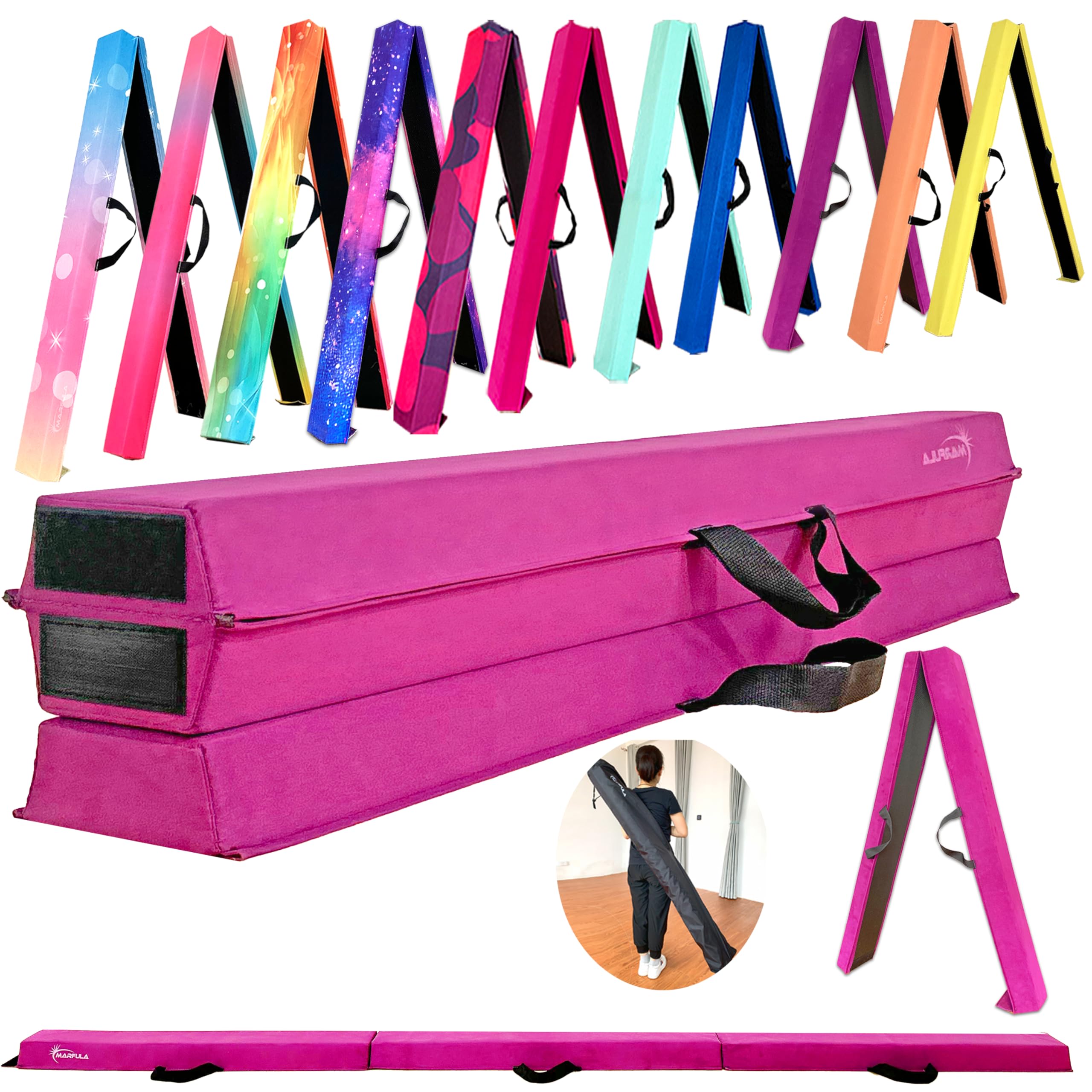 MARFULA 6 FT / 8 FT / 9 FT Folding Gymnastics Beam Foam Balance Floor Beam - Extra Firm - Suede Cover - Anti Slip Bottom with Carry Bag for Kids/Adults Home Use