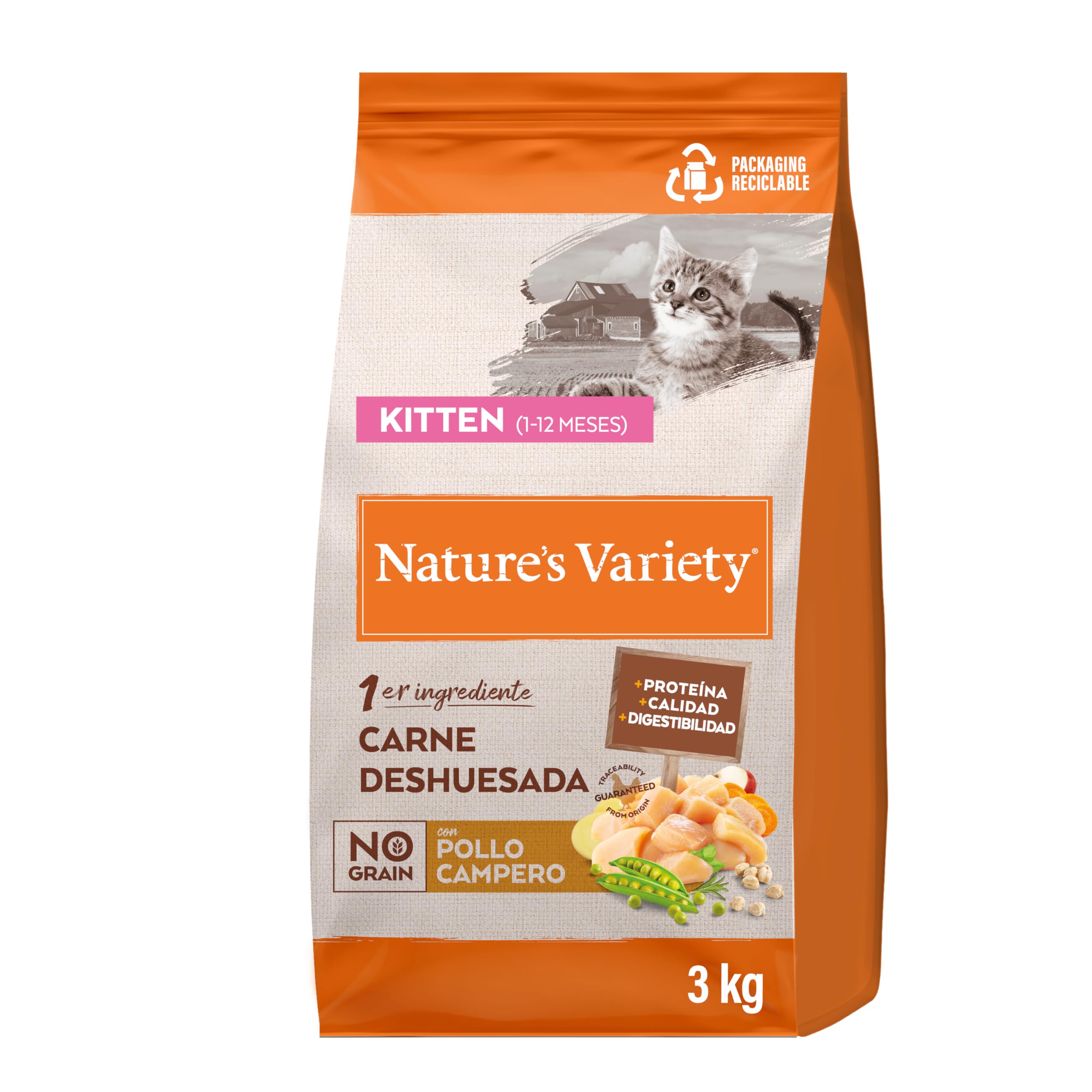 Nature's Variety No Grain - Pienso para Gatitos No Esterilizados con Pollo Deshuesado - 3kg