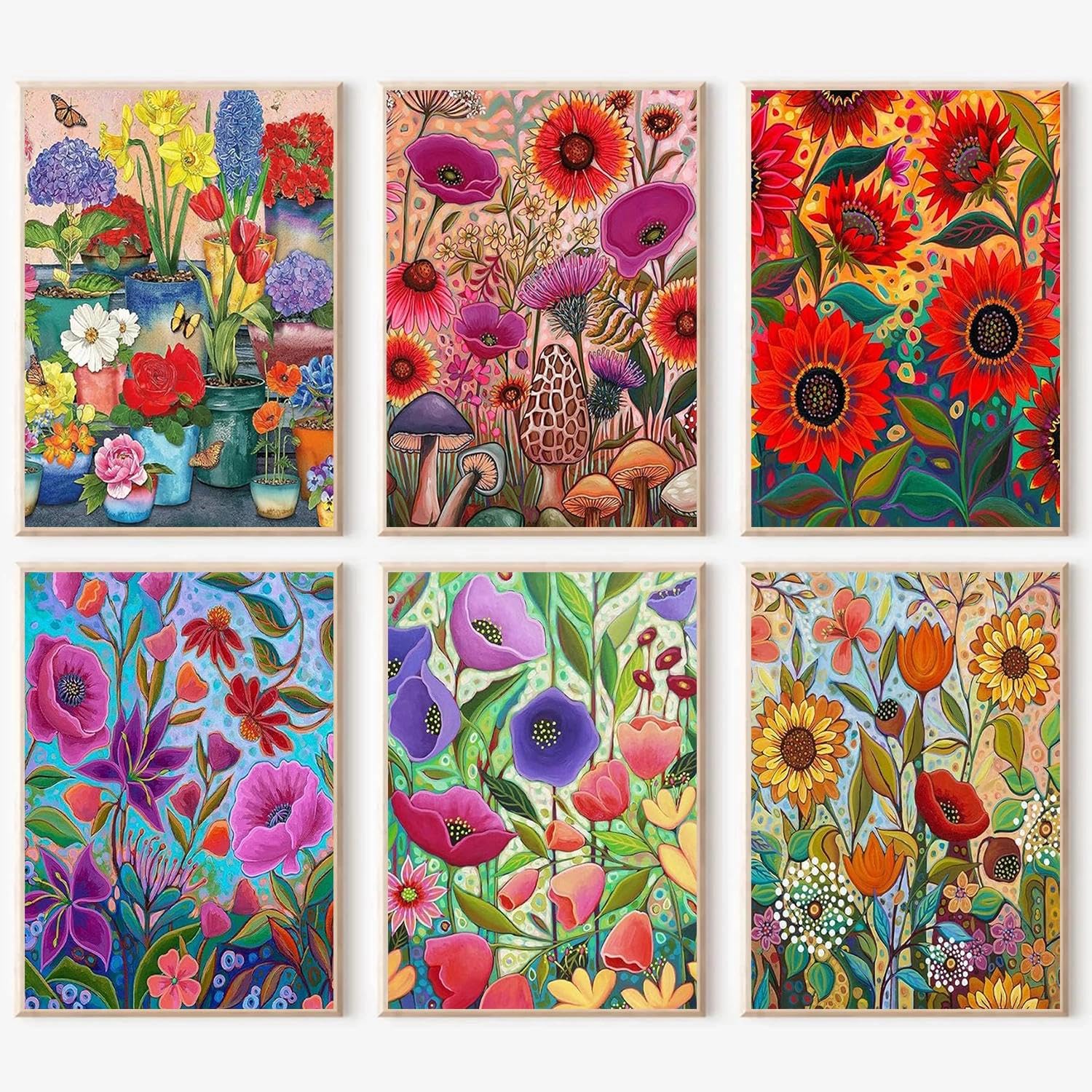 YALKIN 6 Stück Malen Nach Zahlen Erwachsene, Blumen Paint by Numbers Malen Nach Zahlen, DIY mit Pinseln und Acrylfarben Handgemalt Ölgemälde Leinwand für Home Décor, Ohne Rahmen (25x35cm)