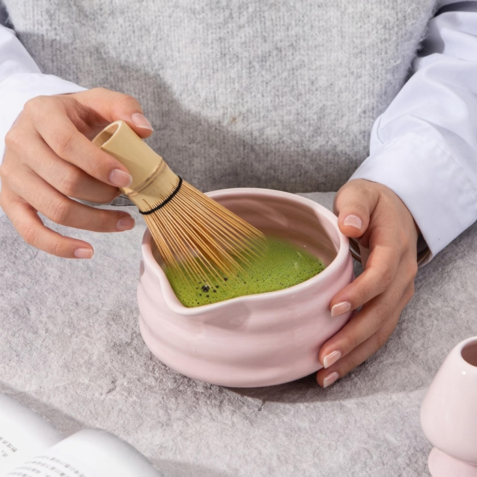 Meshverse Premium Japanese 5-Piece Matcha Tea Ritual Set with Ceramic Bowl, Bamboo Whisk, Whisk Holder, Bamboo Scoop & Sifter, Traditional Tea Set, Gift for Matcha Lovers - Pearl Cotton Color 4