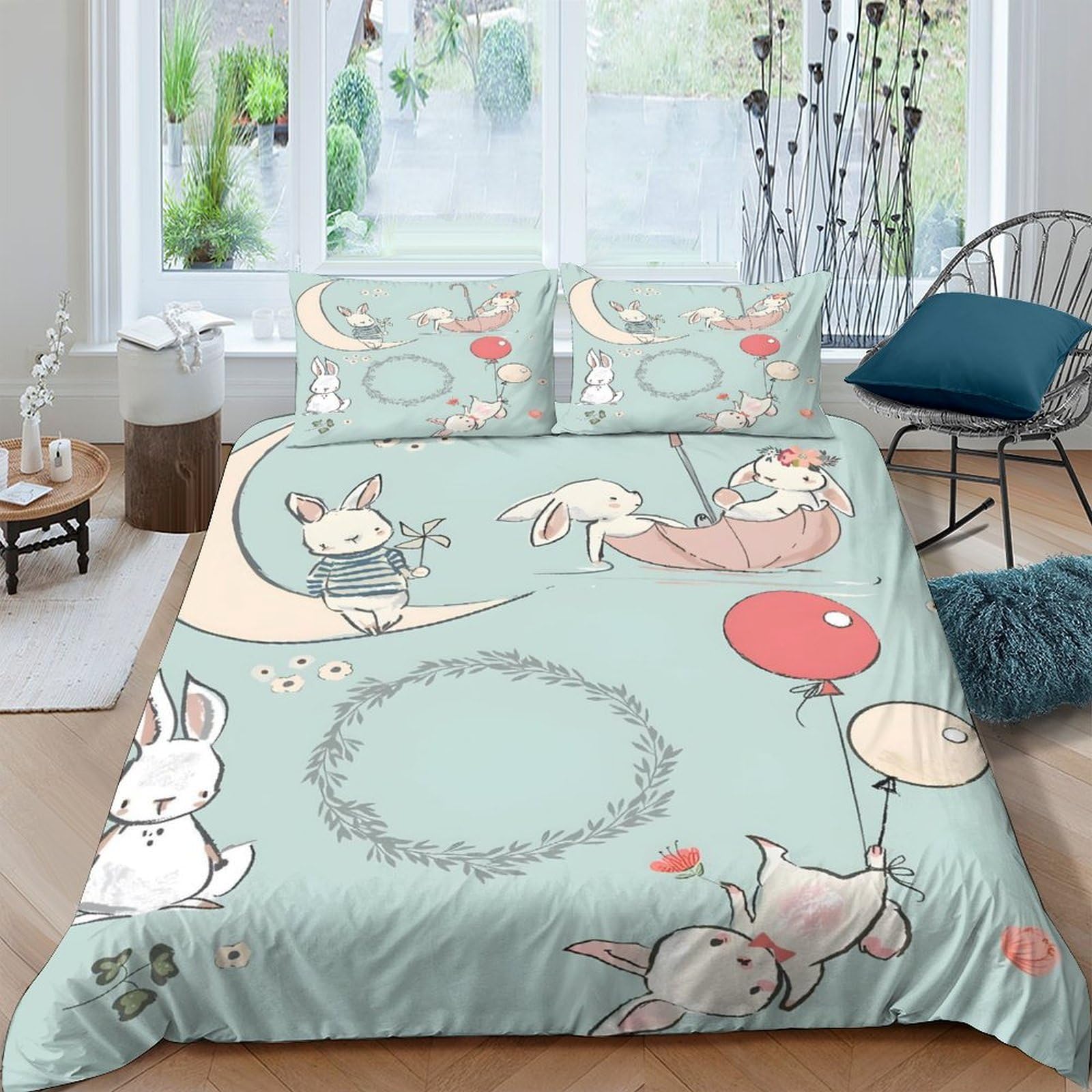 Ctjqhvkz Style-6 3D Printed Cartoon Bunny Fitted Sheet Microfiber Soft Green Balloon Animal Mattress Cover For Bedroom Dorm Apartment Decor Single（135X200cm）