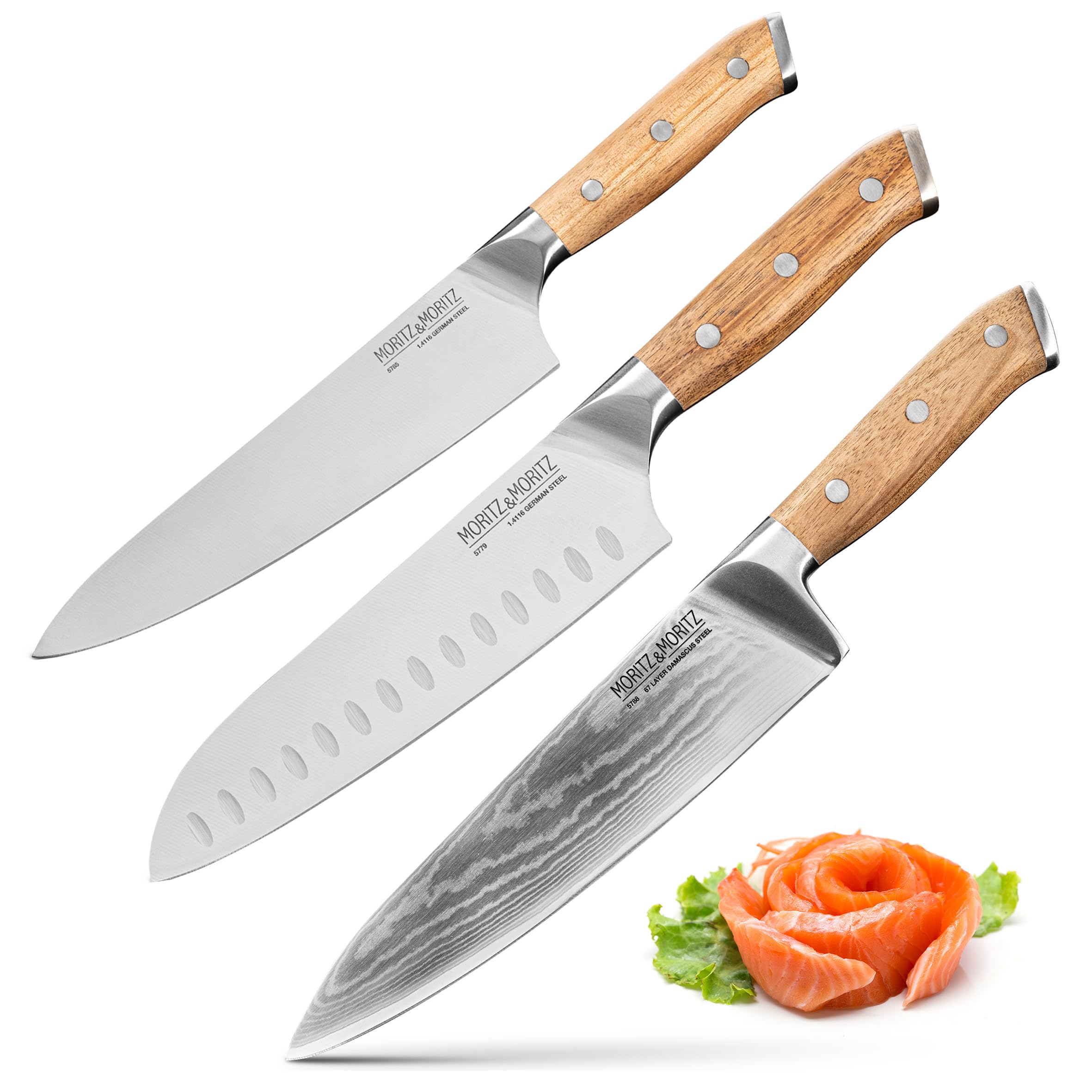 Moritz & Moritz Profi Messerset 3-teilig bestehend aus Kochmesser, Santokumesser und Damastmesser – ultrascharf, Ergonomisch und langlebig für präzise Schnitte - Messer Set perfekt für Hobbyköche