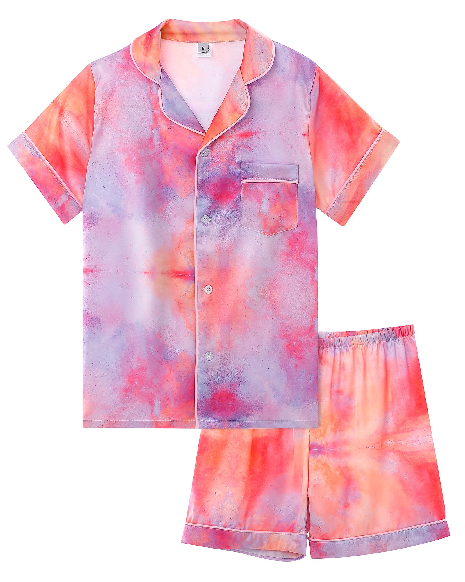 KAKU NANU Pijama de Satén para Niñas Verano 5-13 Años,Conjunto de 2 Piezas con Botones de Manga Corta-Pijama de Verano Transpirable y Suave 5 Estampados Surtidos