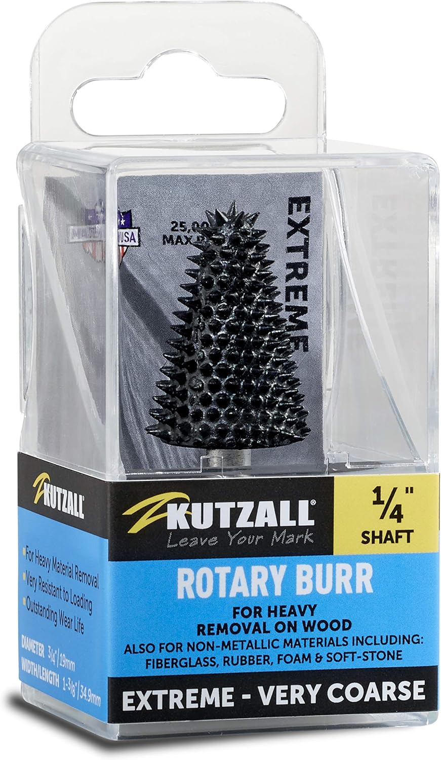 Kutzall Extreme Taper Rotary Burr, 1⁄4" Shaft, Very Coarse - Wood Carving Bit for Bosch, DeWalt, Milwaukee. Abrasive Tungsten Carbide, 3⁄4" (19mm) Dia. X 1-1⁄4" (31.8mm) Length, TX-34C