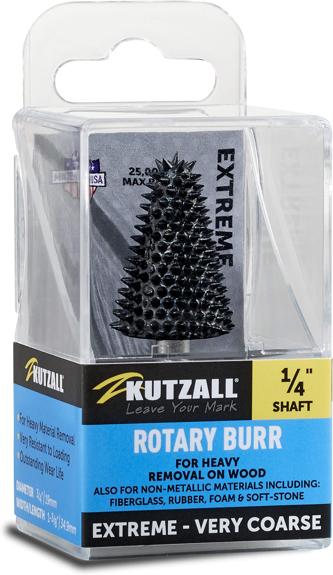 Extreme Taper Rotary Burr, 1⁄4" Shaft, Very Coarse - Woodworking Attachment for Bosch, DeWalt, Milwaukee, Makita. Abrasive Tungsten Carbide, 3⁄4" (19mm) Dia. X 1-1⁄4" (31.8mm) Length, TX-34C