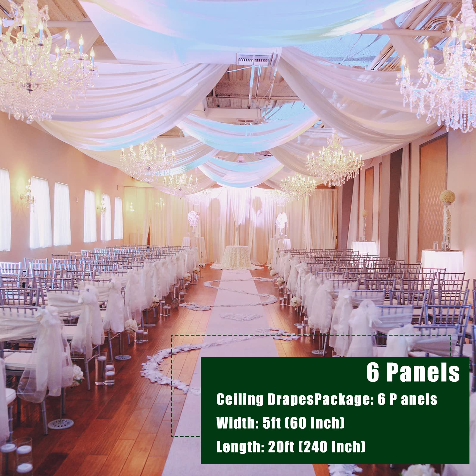 Wedding Ceiling Drapes 5 ft x 20 ft Long White Chiffon Draping Fabric for Wedding Chiffon Arch Drapes Fabric Sheer Curtains for Wedding Party Ceremony Stage Swag Tent Decorations (6 Pieces)
