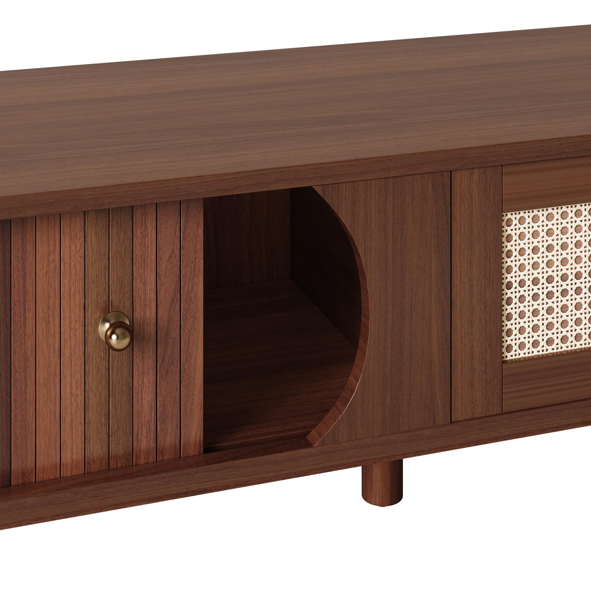 Mobile TV - Mobile TV con ante in legno naturale e cassetti in rattan, soluzioni naturali per un ambiente rustico