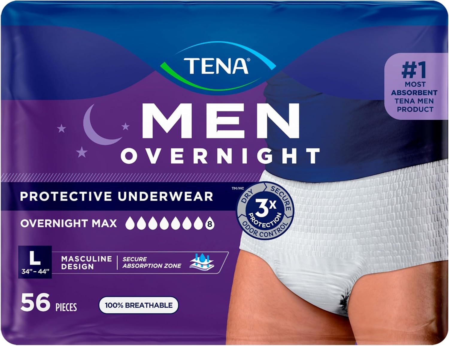 TENA Men Protective Incontinence Underwear for Men, Overnight Max Absorbency, White, L, 56 Count Large 56