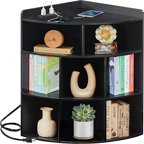 VECELO Armario de almacenamiento esquinero con estación de carga, organizadores de estantes de cubo de 3 niveles con puertos USB y tomas,