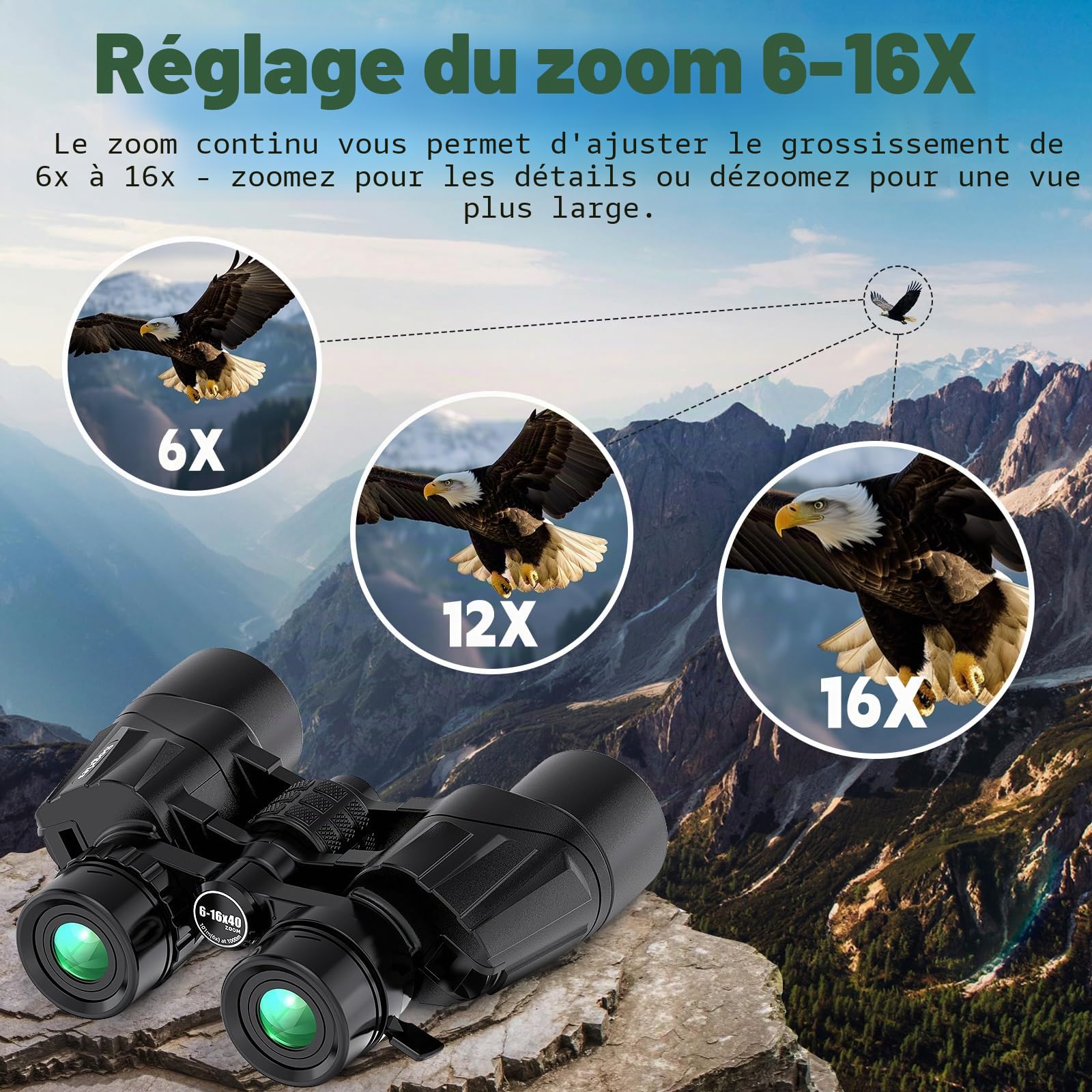 Sogries Jumelles Zoom 6-16x40 pour Adultes | Grossissement variable, lentilles FMC, prisme BAK4, pour observation des oiseaux, nature et événements