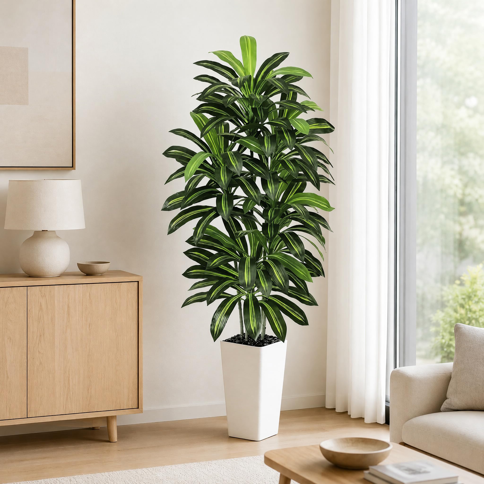 Künstliche Drachenbaum Pflanzen 180cm, Dracaena Kunstpflanzen Groß wie echt | Kunstbaum mit 120 Blätter, Weißer Topf mit Kieselsteine, Fake Pflanzen für Wohnzimmer Schlafzimmer Büro Balkon Indoor Deko