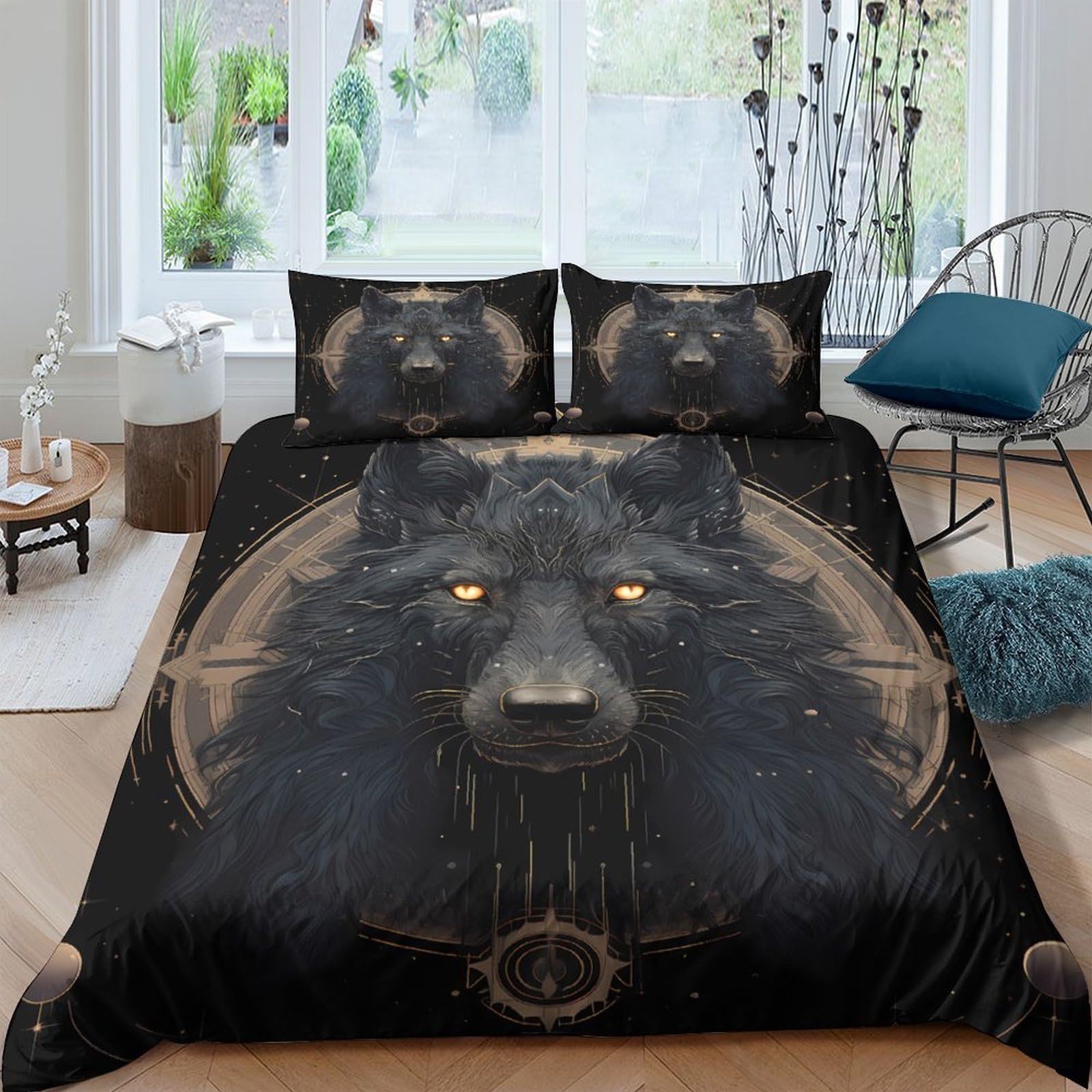 Ctjqhvkz Style-5 3D Printed Black Wolf Fitted Sheet Microfiber Soft Non-Slip Gold Eyes Bed Sheet For Bedroom Guest Room Decor Single（135X200cm）