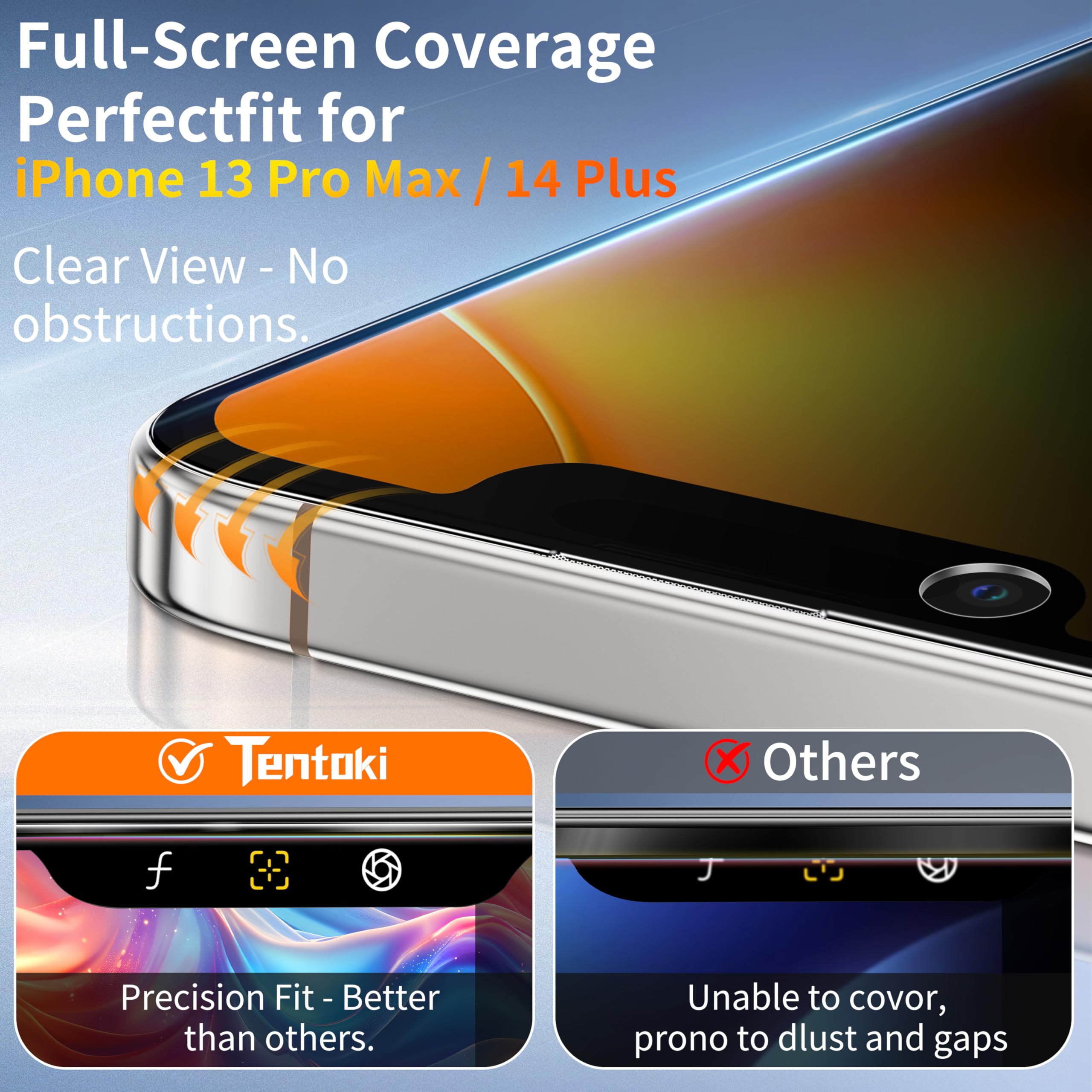Tentoki 2 Pezzi Privacy Pellicola per iPhone 13 Pro Max / 14 Plus(6.7'), Compatibile con Face ID, Durezza 9H+ Protezione Schermo di Grado Militare, [Con Kit di Installazione Rapida][Senza Bolle]