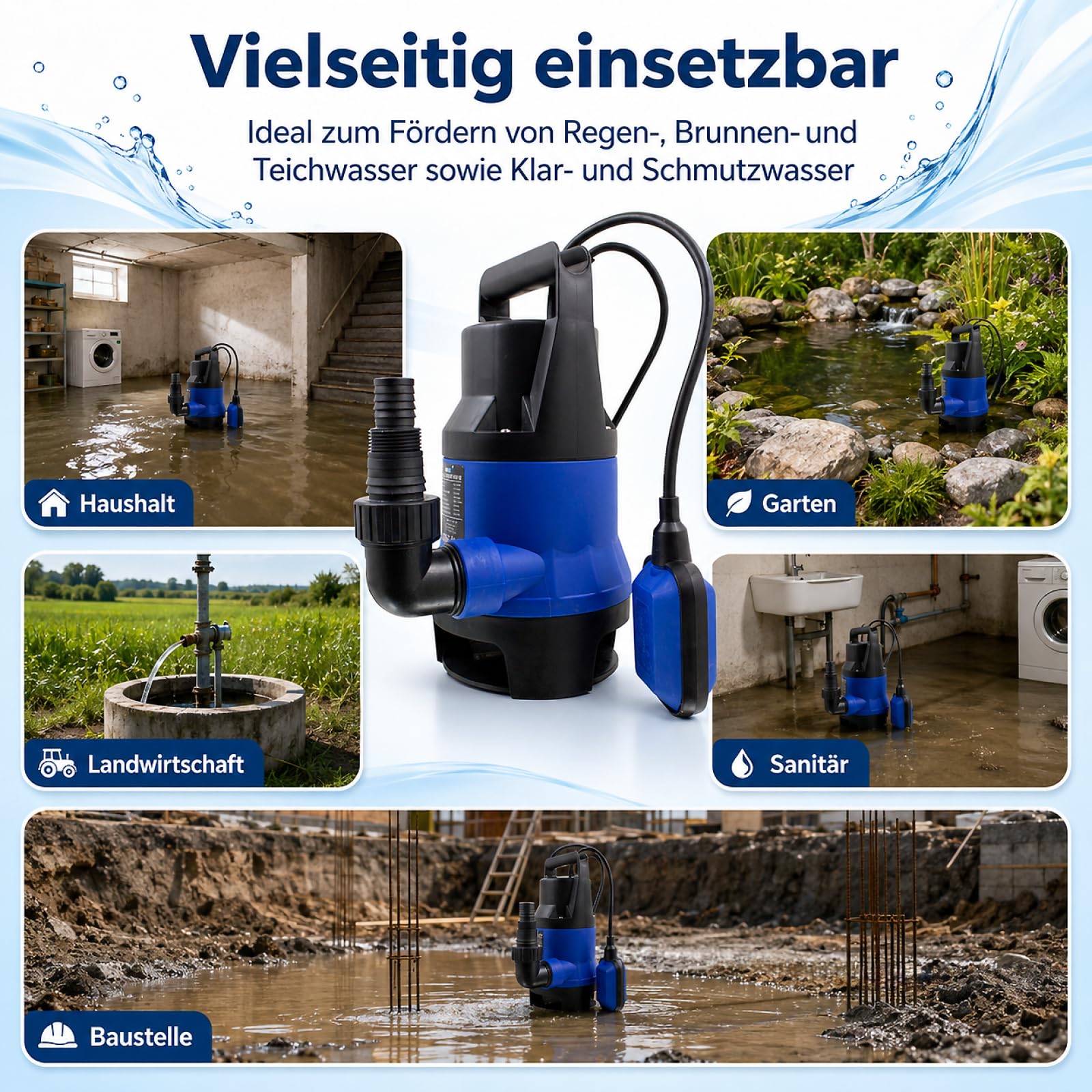 BITUXX® 750W Tauchpumpe Schmutzwasserpumpe für Brunnen Zisterne Bewässern Garten Regentonne Schmutzwasser Bis 12500 Liter/h 1,0-1,5 Zoll Förderhöhe 7 Meter