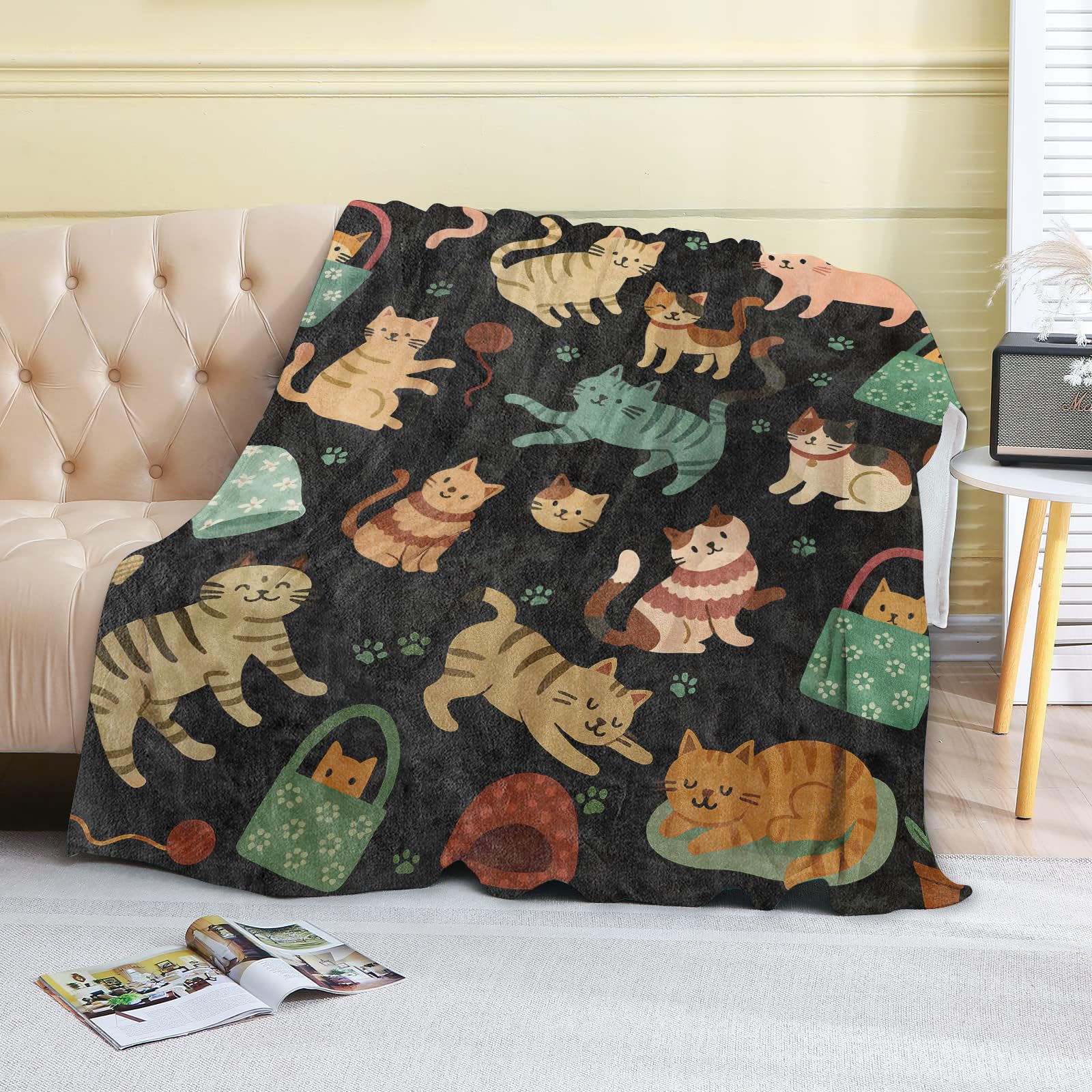 coedoaes Cute Cat Fleece Blanket,50x60in,Playful Kitten Throw Yarn Totes Paw Prints on Black Blankets,Soft Cozy Lightweight, Ideal for Bed Living Room Home Decor,Pet Owners Kids Gifts