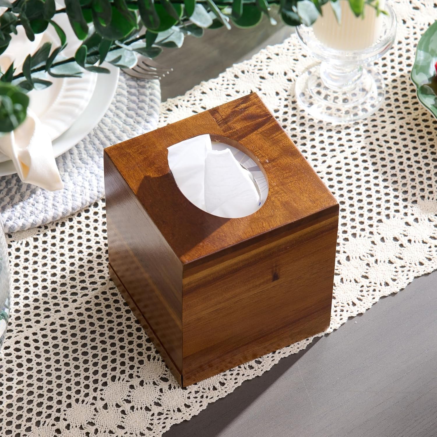 2 Pack Acacia Wood Tissue Box Cover, Square Wooden Tissue Holder for Bathroom, Living Room, Dining Table, Decorative Cube Facial Tissue Box Cover, 5.3 x 5.3 x 5.9 inches