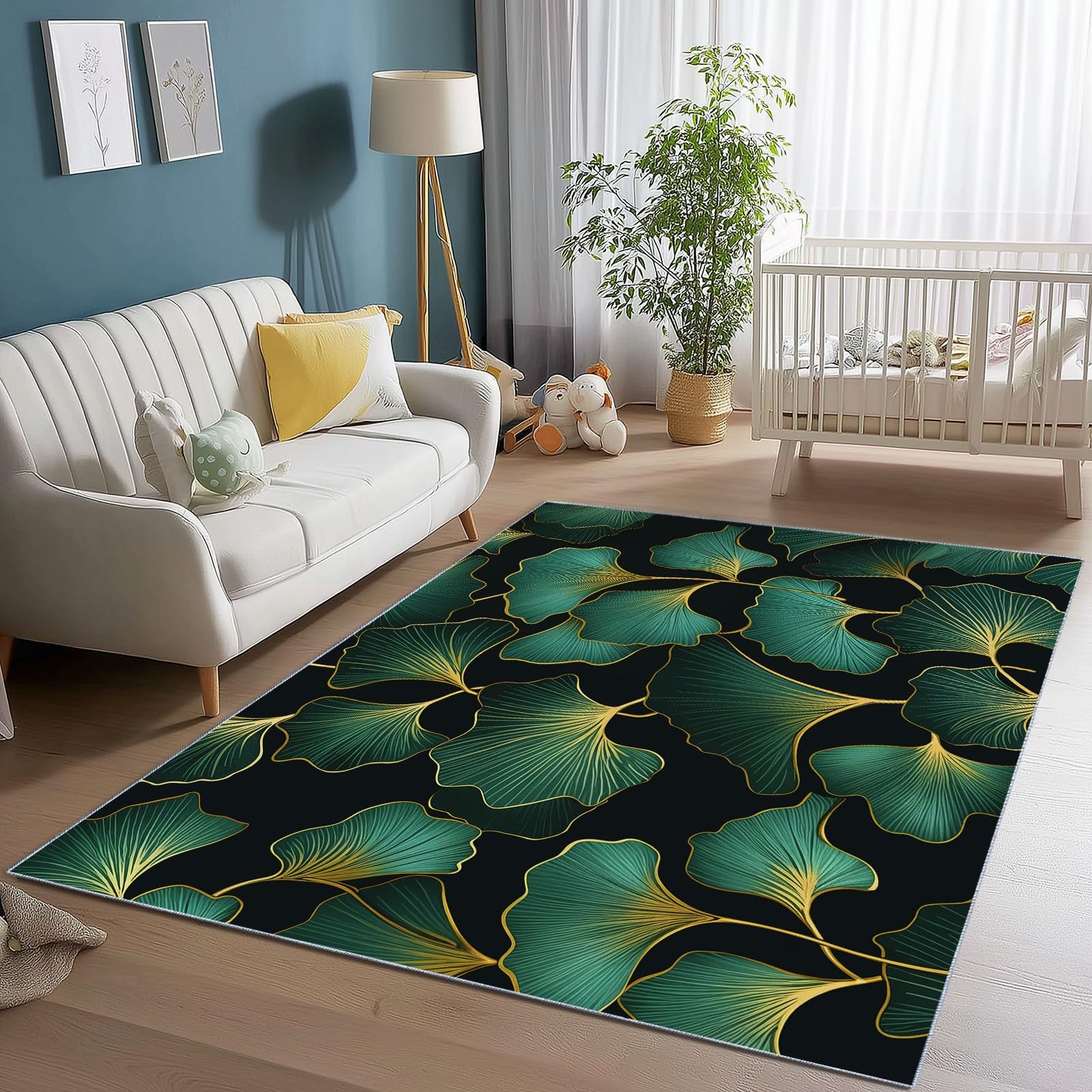 Dywan 80 x 150 cm antypoślizgowy ciemnozielony złoty, elegancki luksusowy liść miłorzębu tekstura prostokątne miękkie dywaniki do salonu, dekoracja domu dywan można prać w pralce