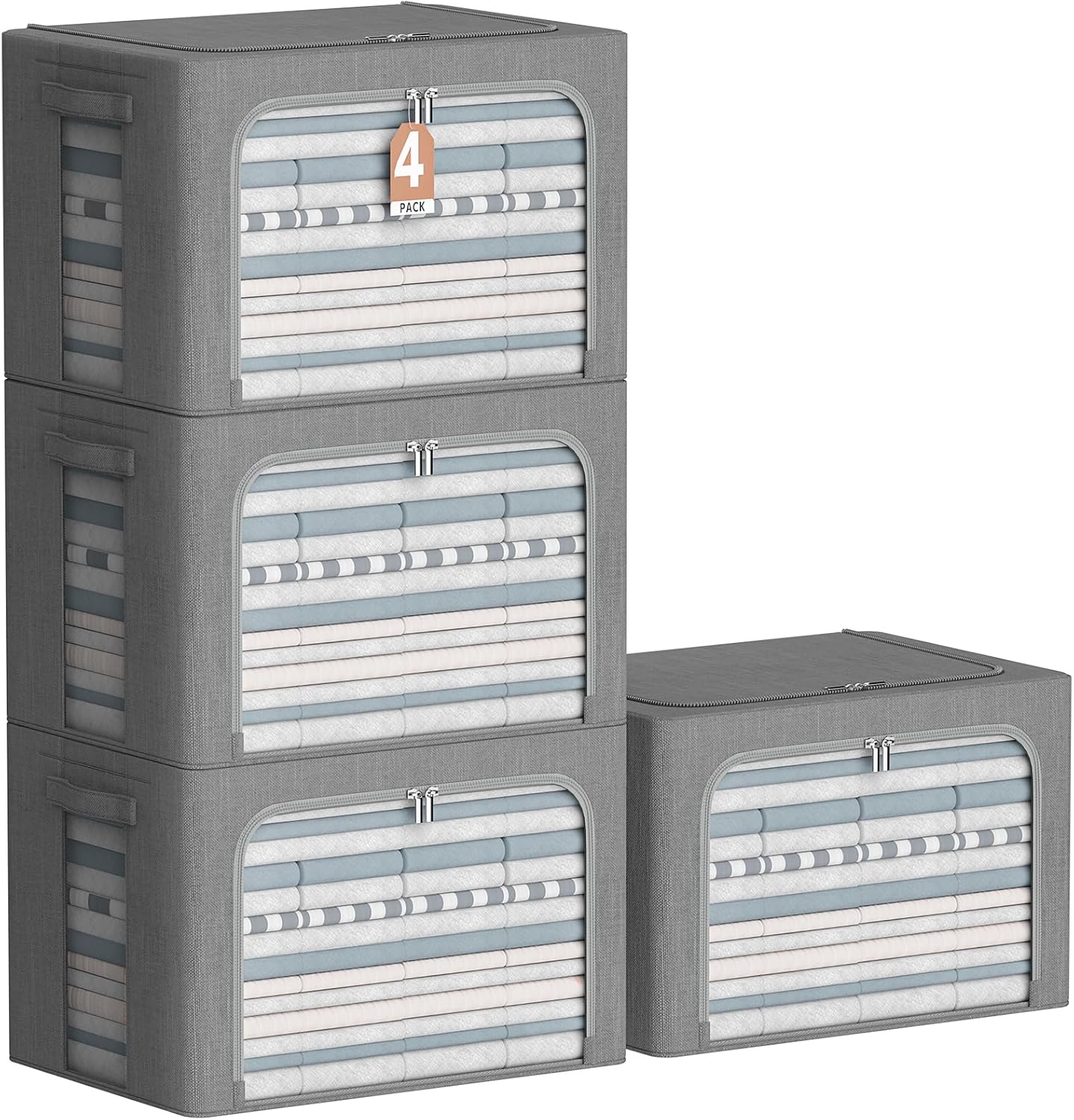 4 Pack Clothes Storage Bins with Metal Frame - Linen Fabric Foldable Stackable Container Organizer Set with Clear Window & Carry Handles & Zippers (Dark Gray, 23.6"x16.5"x15.7") 23.6"x16.5"x15.7" Dark Gray